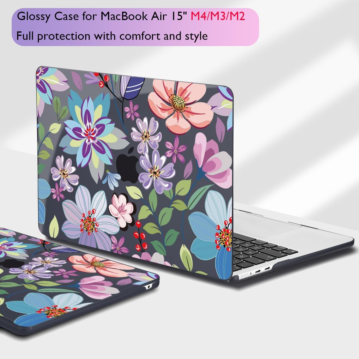 Teryeefi for MacBook Air Case 15 inch M4 M3 M2 Chip (2025 2024 2023 Release) A3241 A3114 A2941 Model with Keyboard Cover + Type C Adapter for MacBook Air 15, Pretty Flowers Black-104