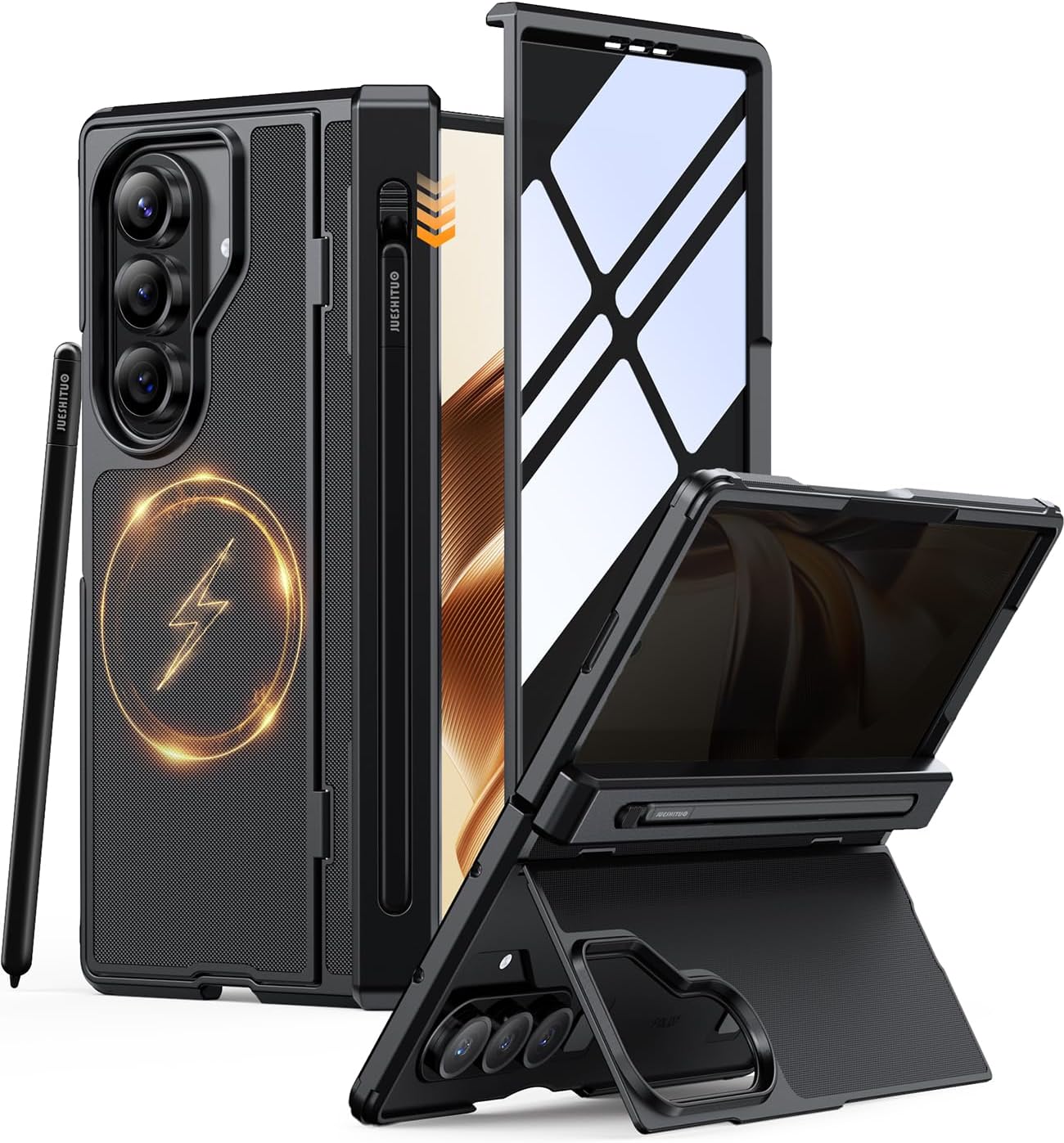 JUESHITUO for Samsung Galaxy Z Fold 7 Case with Privacy Screen Protector, Built-in S Pen Slot(No Pen) & MagSafe, Military Shockproof Cover for Z Fold 7, Hidden Kickstand, Hinge Protection, Black