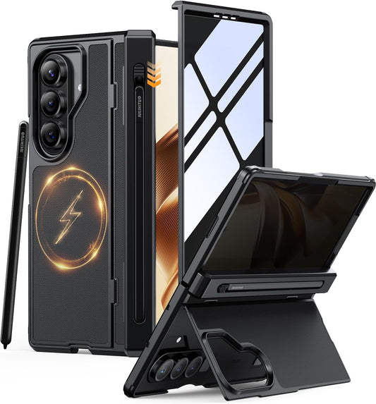 JUESHITUO for Samsung Galaxy Z Fold 7 Case with Privacy Screen Protector, Built-in S Pen Slot(No Pen) & MagSafe, Military Shockproof Cover for Z Fold 7, Hidden Kickstand, Hinge Protection, Black