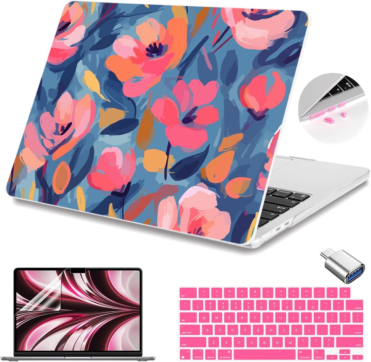 Teryeefi Compatible for 2022-2024 2025 MacBook Air 13.6 inch Case M4 A3240 / M3 A3113/ M2 A2681, Flowers Hard Shell Case&Keyboard Cover&Type C Adapter for MacBook Air M4 M3 M2, W-Abstract Pink Flower