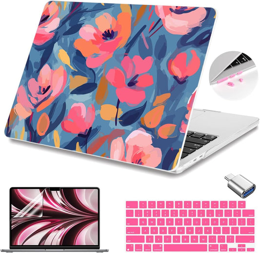 Teryeefi Compatible for 2022-2024 2025 MacBook Air 13.6 inch Case M4 A3240 / M3 A3113/ M2 A2681, Flowers Hard Shell Case&Keyboard Cover&Type C Adapter for MacBook Air M4 M3 M2, W-Abstract Pink Flower