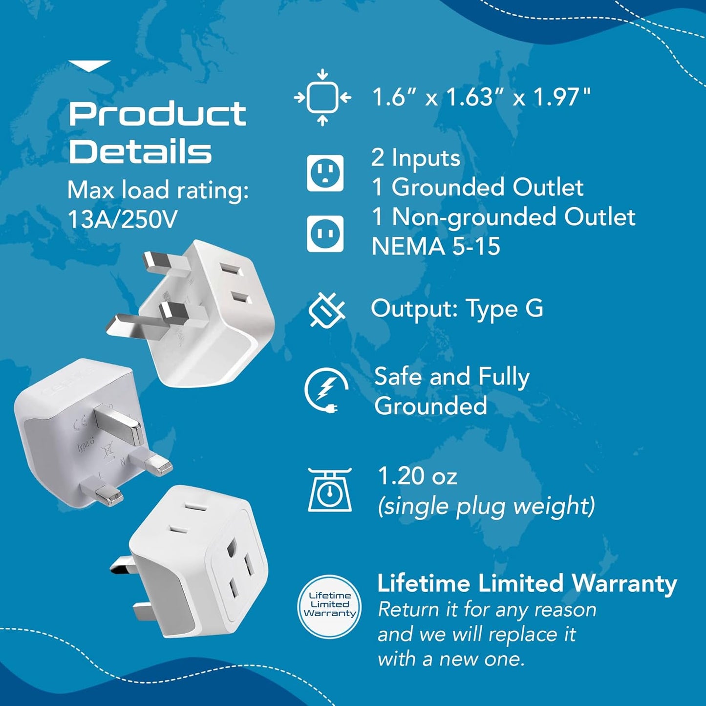 Ceptics UK Travel Plug Adapter, 2 in 1 Type G Adapter, US to UK Adapter, Ireland, Dubai Travel Adapter with Dual USA Inputs, CE, RoHS - HK Outlet Adapter, 3 Pack