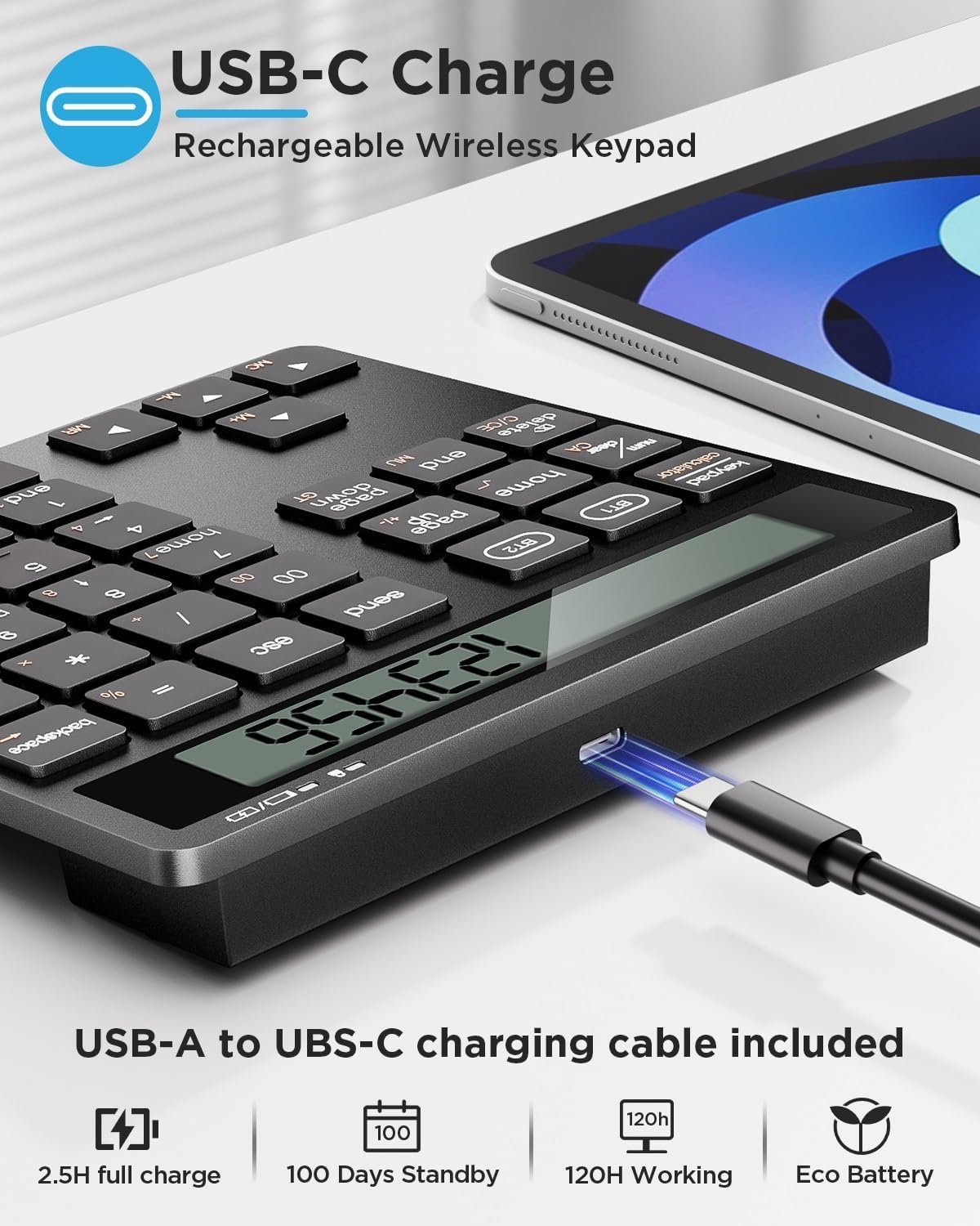 Bluetooth Number Pad, Wireless Numeric Keypad Calculator with Display, USB-C Rechargeable External 34-Keys Numpad, Financial Data Entry Keyboard for iMac, MacBook Air/Pro, PC Desktop, Laptop Notebook