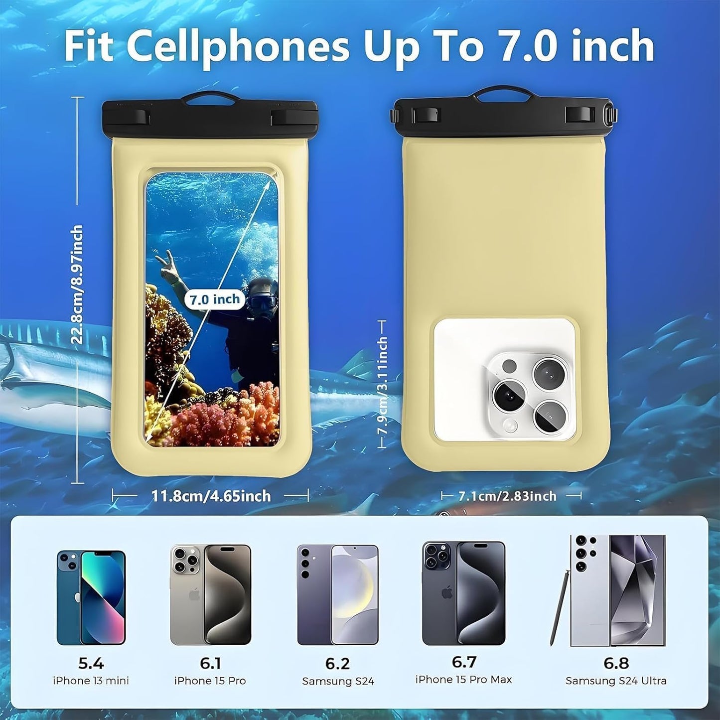 Floatable Soap Bubble Waterproof Phone Pouch/Case with Crossbody Lanyard for iPhone 16 Pro Max/15 Pro/14/13/12, IP68 Cellphone Dry Bag Beach Cruise Ship Essentials, 1 Pack-Creamy-7″