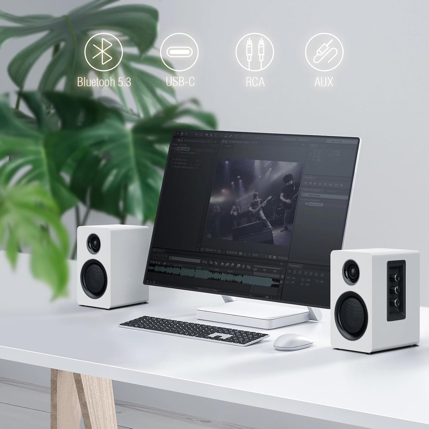 Computer Speakers for Desktop PC, Active Bookshelf Speaker with 3‘’ Carbon Fiber Woofer and Silk Film Tweeter ,Supports Bluetooth 5.3, USB-C, AUX/RCA Input for Record Player TV - White Stereo Set