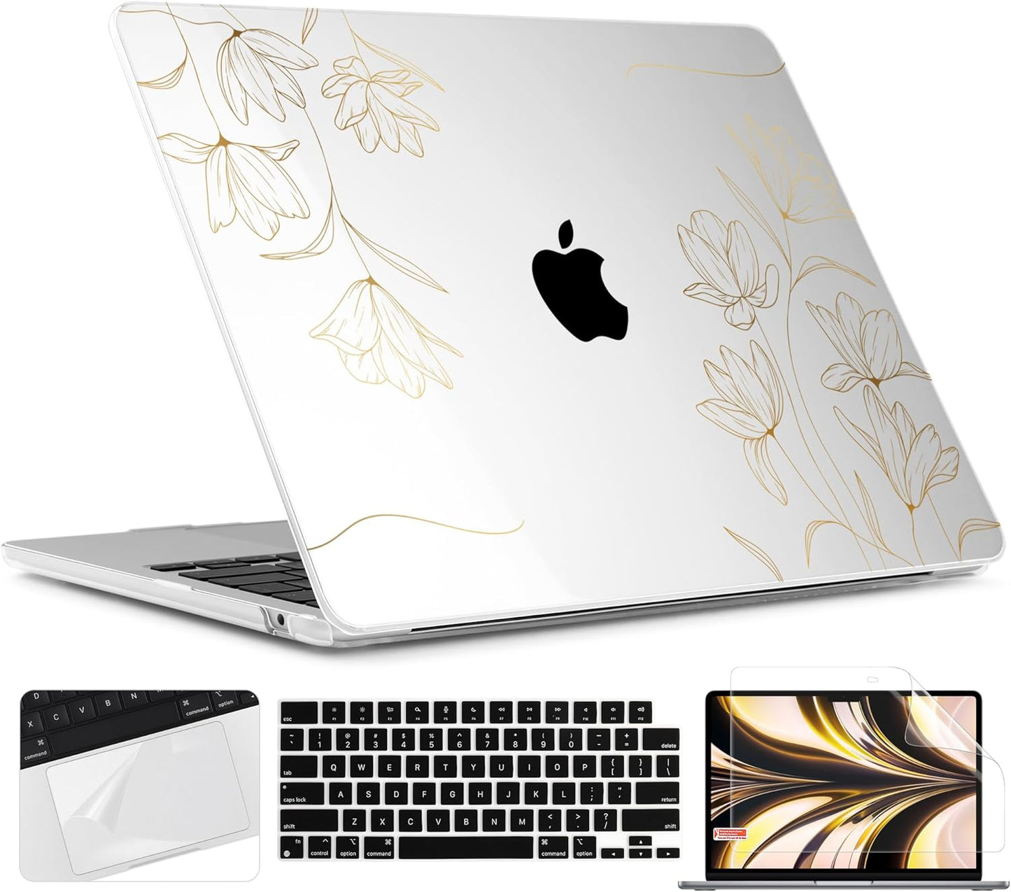 TWOLSKOO for M4 MacBook Air 13.6 inch Case 2025-2022 Release M4 A3240 M3 A3113 M2 A2681, Plastic Hard Shell & Screen Protector & Keyboard Cover & Trackpad Film, Florals X449