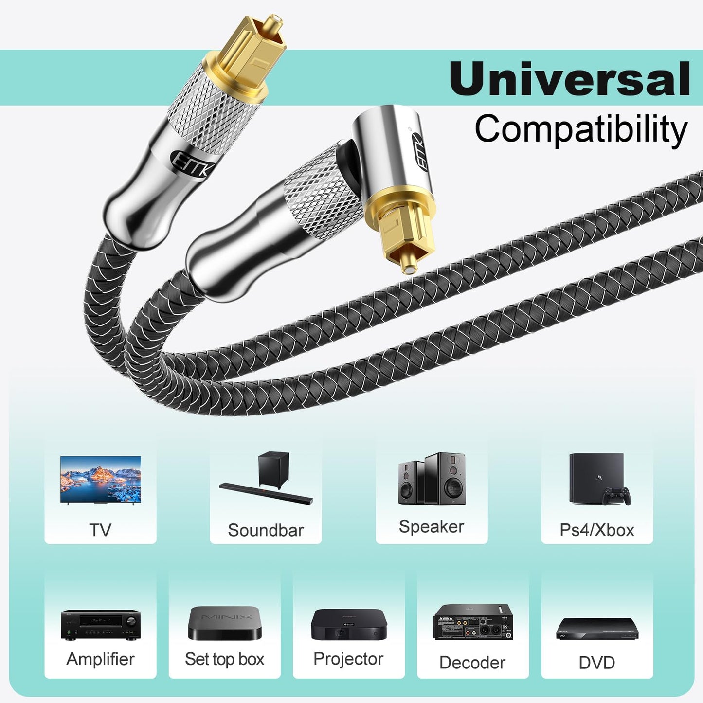 EMK Premium 24K Gold-Plated Right Angle Optical Cable – 90° Toslink to Toslink (4M/12Ft), 360° Rotatable for Soundbars, TVs & Home Theater