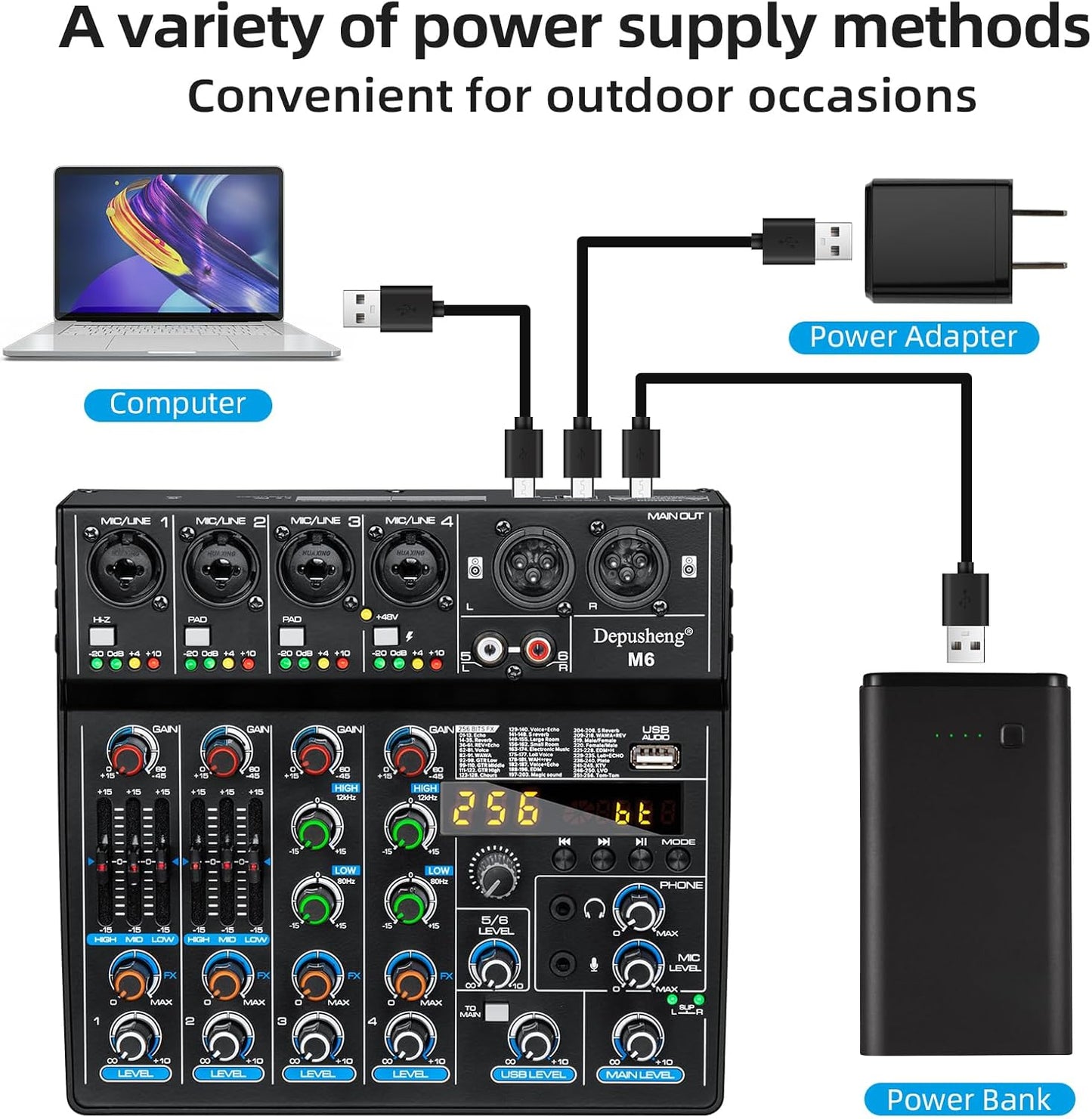 Depusheng M6 Portable Mini Mixer 6-Channel Audio Mixer DJ Console with Sound Card, Bluetooth Function, USB, 48V Phantom Power for PC Recording Webcast Party with 256 DSP