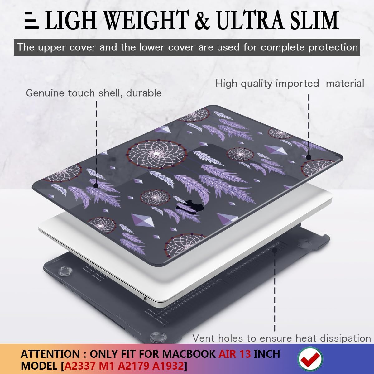 CISSOOK Compatible with MacBook Air 13 inch 2021 2020 2019 2018 Release M1 Chip A2337 A2179 A1932, Plastic Black Hard Shell Protective Cover for MacBook Air 13 Retina with Touch ID, Dream Catcher