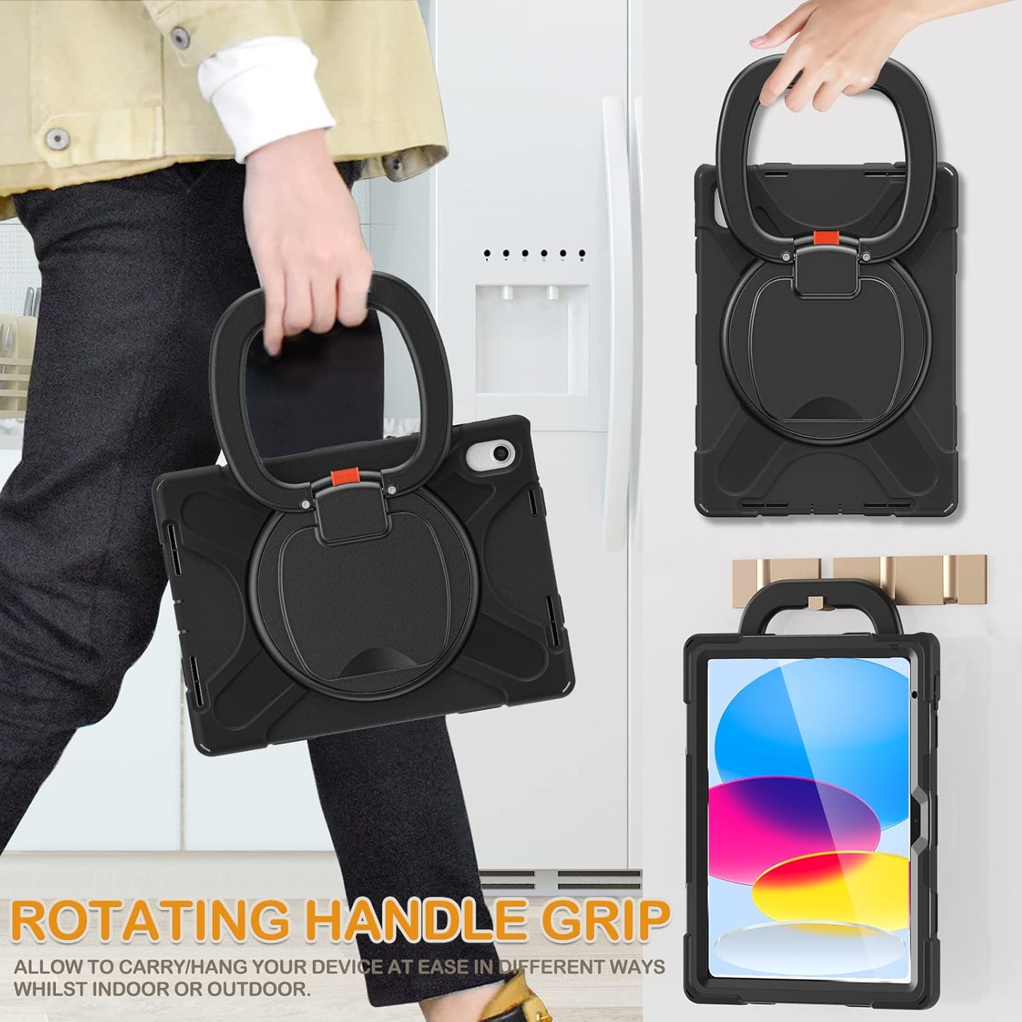 BRAECN Case for iPad (A16) 11th/10th Generation 11”/10.9'' 2025/2022, Protective Silicone Rugged with Screen Protector/Swivel Ring Stand/Stable Kickstand/Handle Grip/Shoulder Strap for Kids, Black