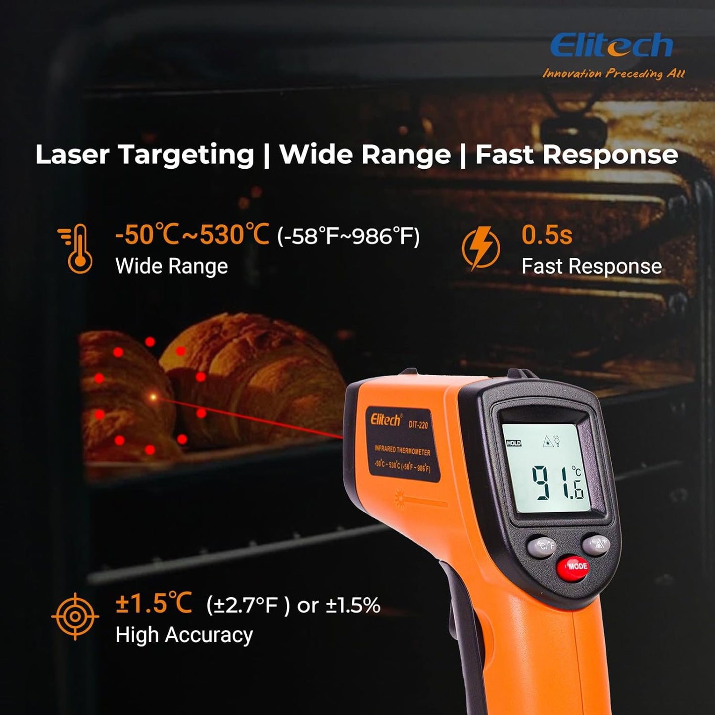 Elitech 2Pack Laser Temperature Gun, Non-Contact Digital Infrared Thermometer, Adjustable Emissivity, Backlight, Handheld for Grill, Meat, Candy, Automotive, HVAC Tools, -50~530°C(-58~986°F), DIT-220