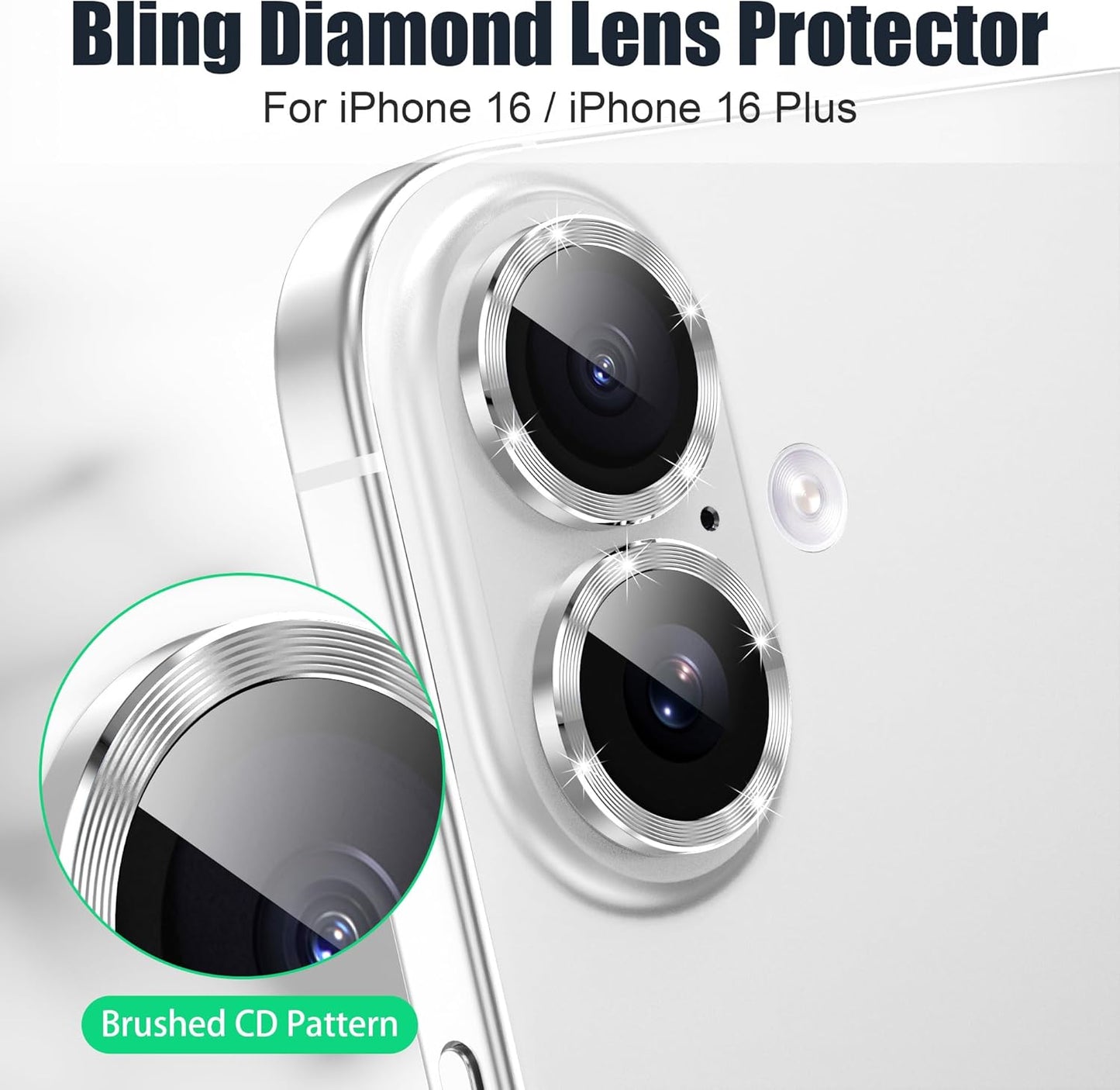 AGVEE 3+3 6 Pack for iPhone 16 6.1" / 16 Plus 6.7" Camera Lens Cover Protector, Bling Glitter & CD-Textured Metal Ring 9H Tempered HD Glass Camera Cover Protector Film, Glitter-Silver