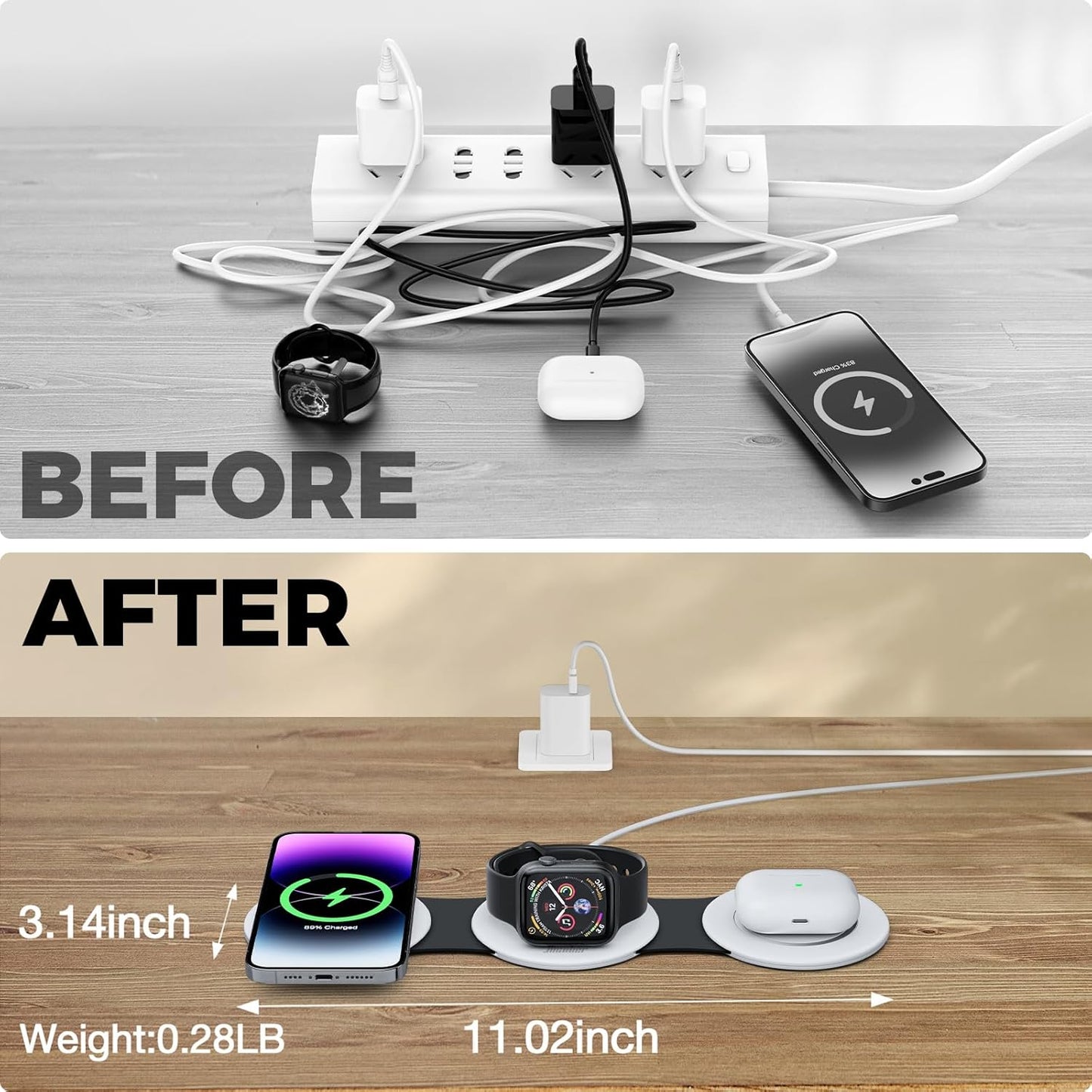 Hicober 3 in 1 Charging Station for Apple Multiple Devices, Foldable Travel Wireless Charger 18W for iPhone 16 15 14 13 Pro Max Plus &Apple Watch Series/Airpods Black&White