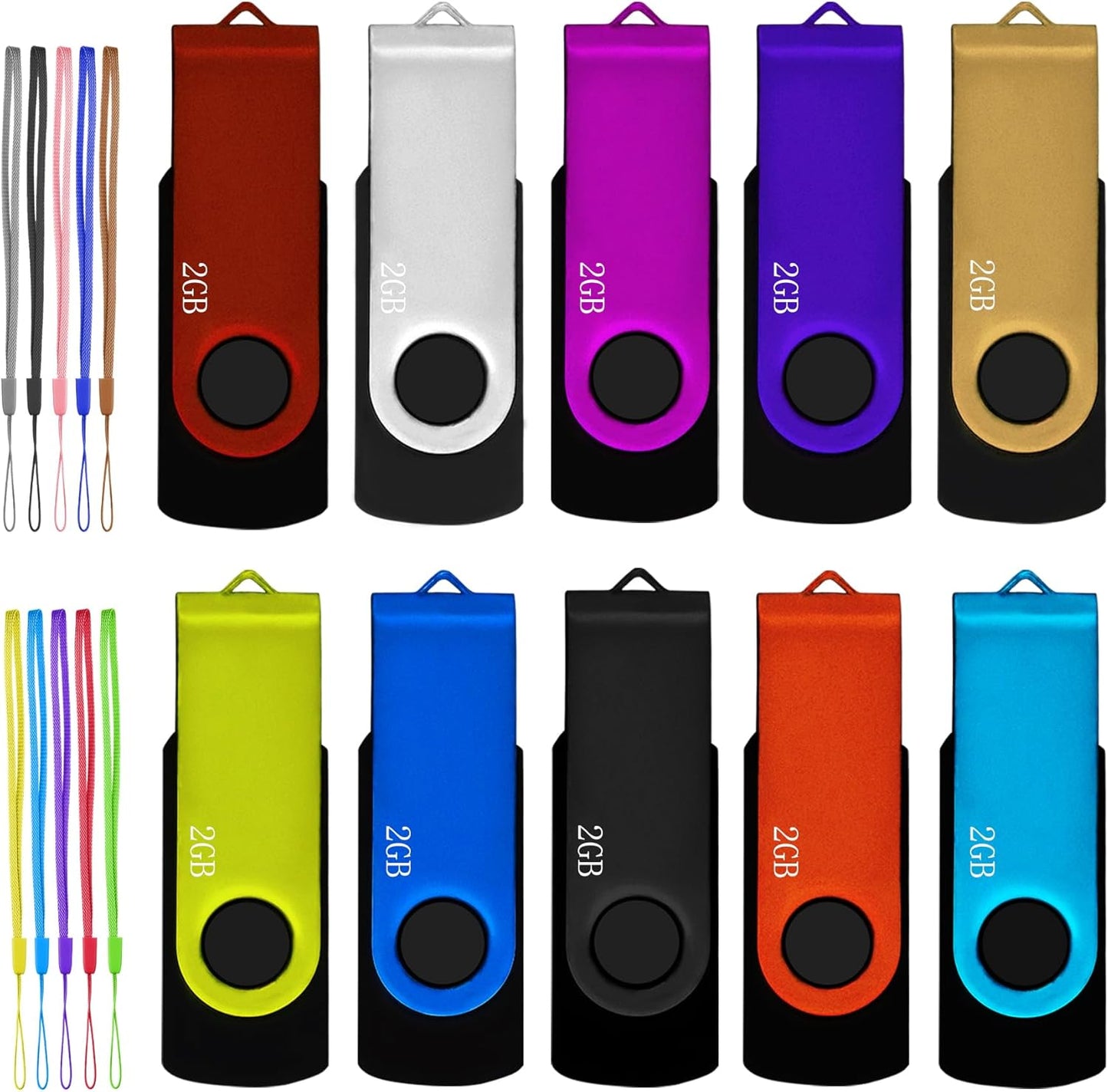 2GB USB Flash Drive 10 Pack, Nicepicten USB 2.0 Thumb Drives Zip Drive USB 2GB Memory Stick Swivel Pendrive Jump Drives Multipack with 10PCS Lanyard for Events Office (Colorful 10Pack 2 GB)