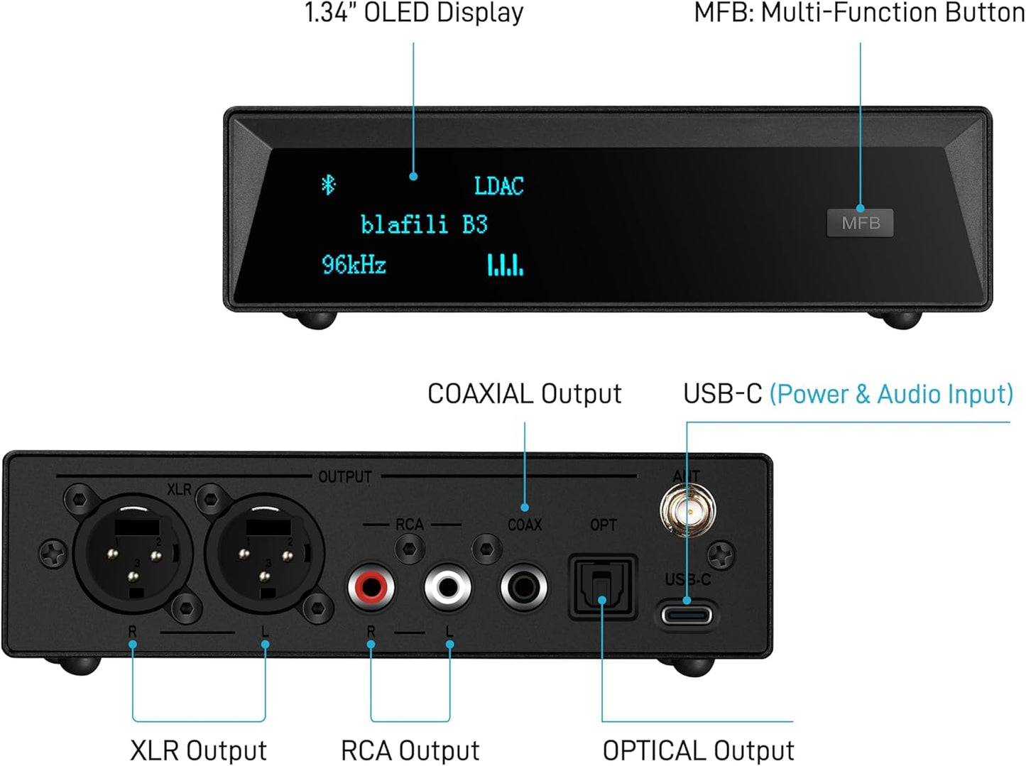 B3 Professional XLR Bluetooth v5.1 Music Receiver, LDAC & aptX HD Streamer, Built-in ESS DAC, Analog RCA, Digital Optical and COAXIAL Outputs, for Audio Mixer, DJ Speakers & PA System