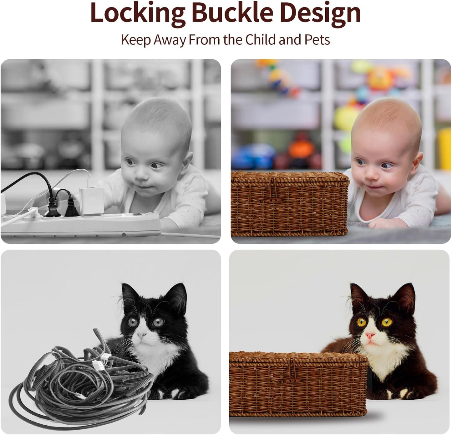 Cable Management Box, Desk Handwoven Rattan Cord Hider Organizer Box With Lid Button Lock, Power Strip Holder Decorative Box, Floor Cord Surge Protector Storage Box