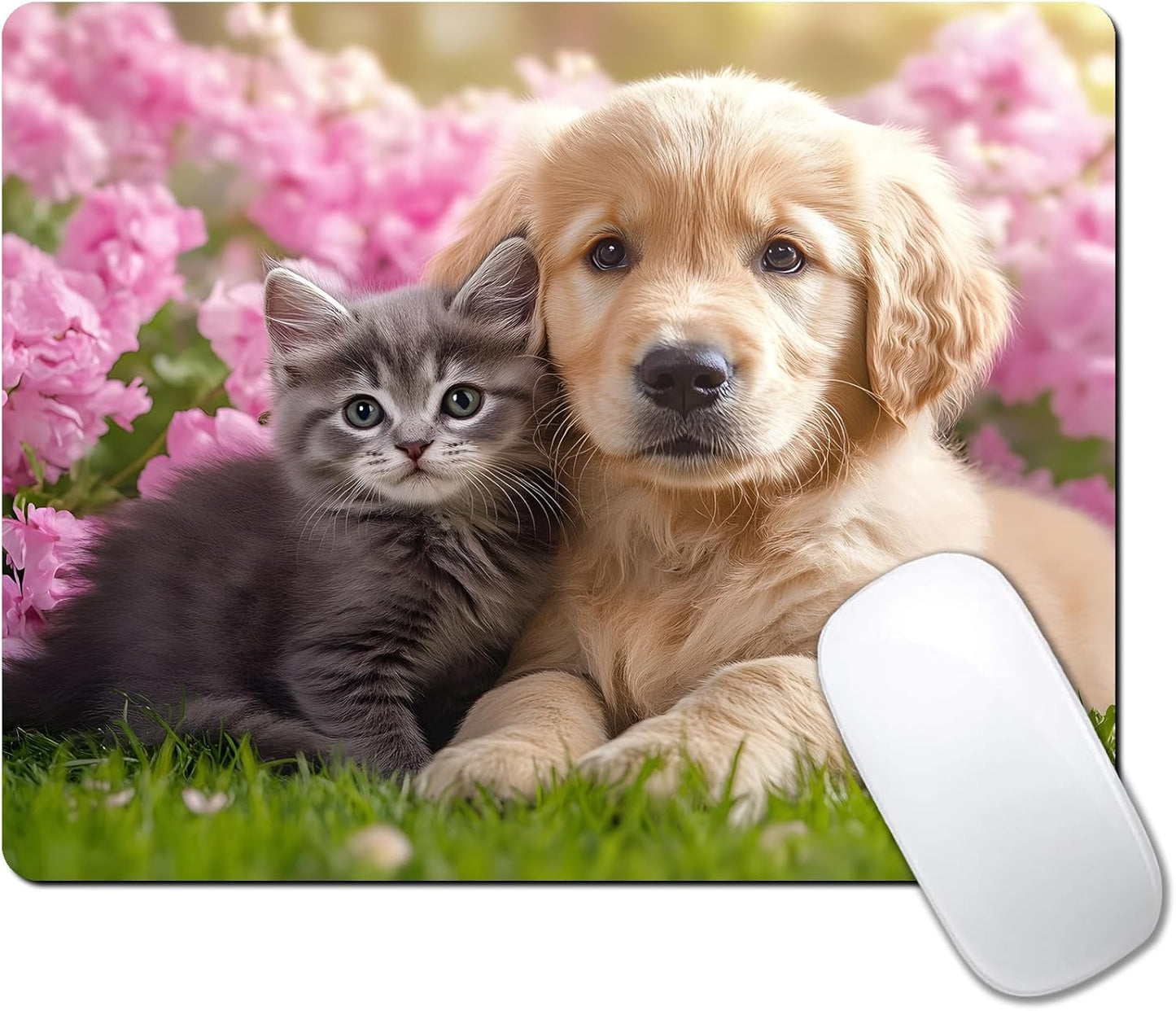 Kawaii Cat and Dog Custom Mouse Pad with Non-Slip Rubber, Small Square Design for Wireless Laptop & Computer Mouse Pads for Desk, 9.5 x 7.9 inch Smooth Surface for Gaming & Office