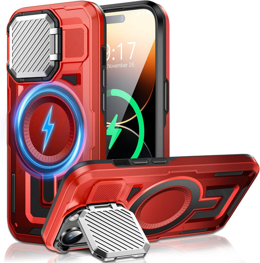 Camera Stand Case for iPhone 14 Pro, [Compatible with MagSafe] [Lens Cover] 2024 Version Military Grade Protective Soft Case for iPhone 14 Pro 6.1 inch Men Women, Red