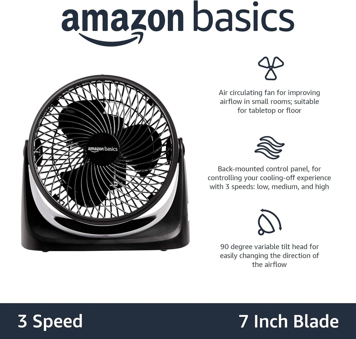 Amazon Basics Air Circulator Fan, Desk Fan for Bedroom, Home and Office, With 90-Degree Tilt Head, 3 Speed Settings, Lightweight (3 LBS), 35 Watts, Black, 11.1"W x 6.3"D x 10.9"H