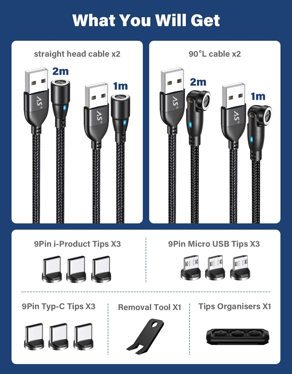 A.S Magnetic Charging Cable[4PACK, 3.3/3.3/6.6/6.6ft]-3 in 1 Magnetic Phone Charger Data Transfer Cord-Magnet USB C Charging Cable-Magnet Charger Cable for Micro USB/TypeC/i-Product Nylon Braided