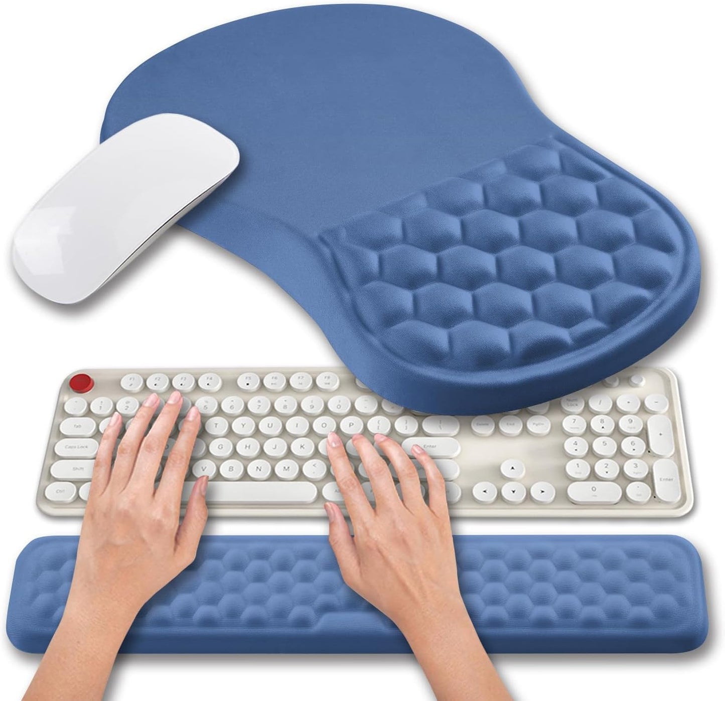 Hokafenle 2 in 1 Ergonomic Mouse Pad Wrist Support & Wrist Rest for Computer Keyboard Set, with Relieve Carpal Tunnel Pain Massage Bulge and Full Memory Gel Design (2In1 Set, Midnight Blue)