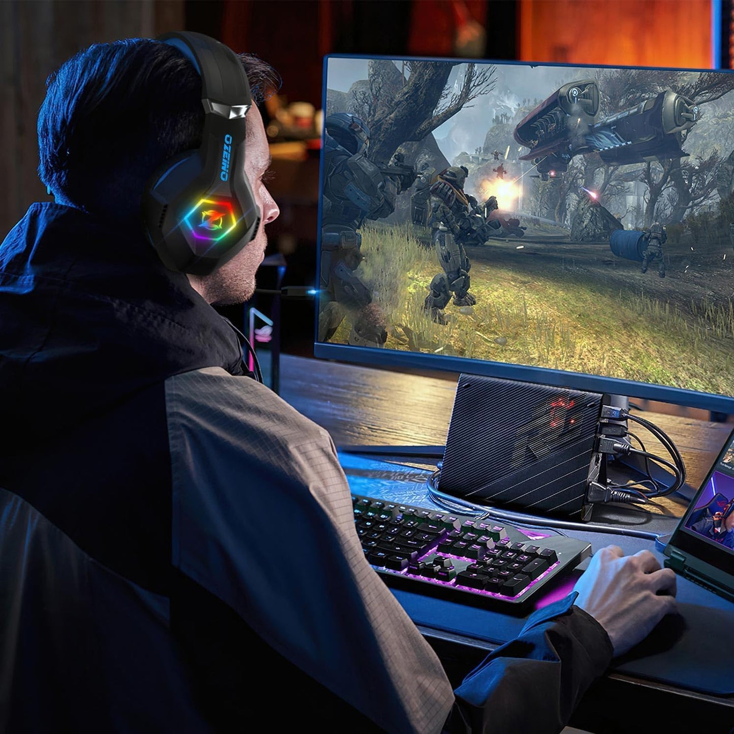 Gaming Headset for PC, Ps4, Ps5, Xbox Headset with 7.1 Surround Sound, Gaming Headphones with Noise Cancelling Mic RGB Light Over Ear Headphones for Xbox Series X/S, Switch-Blue