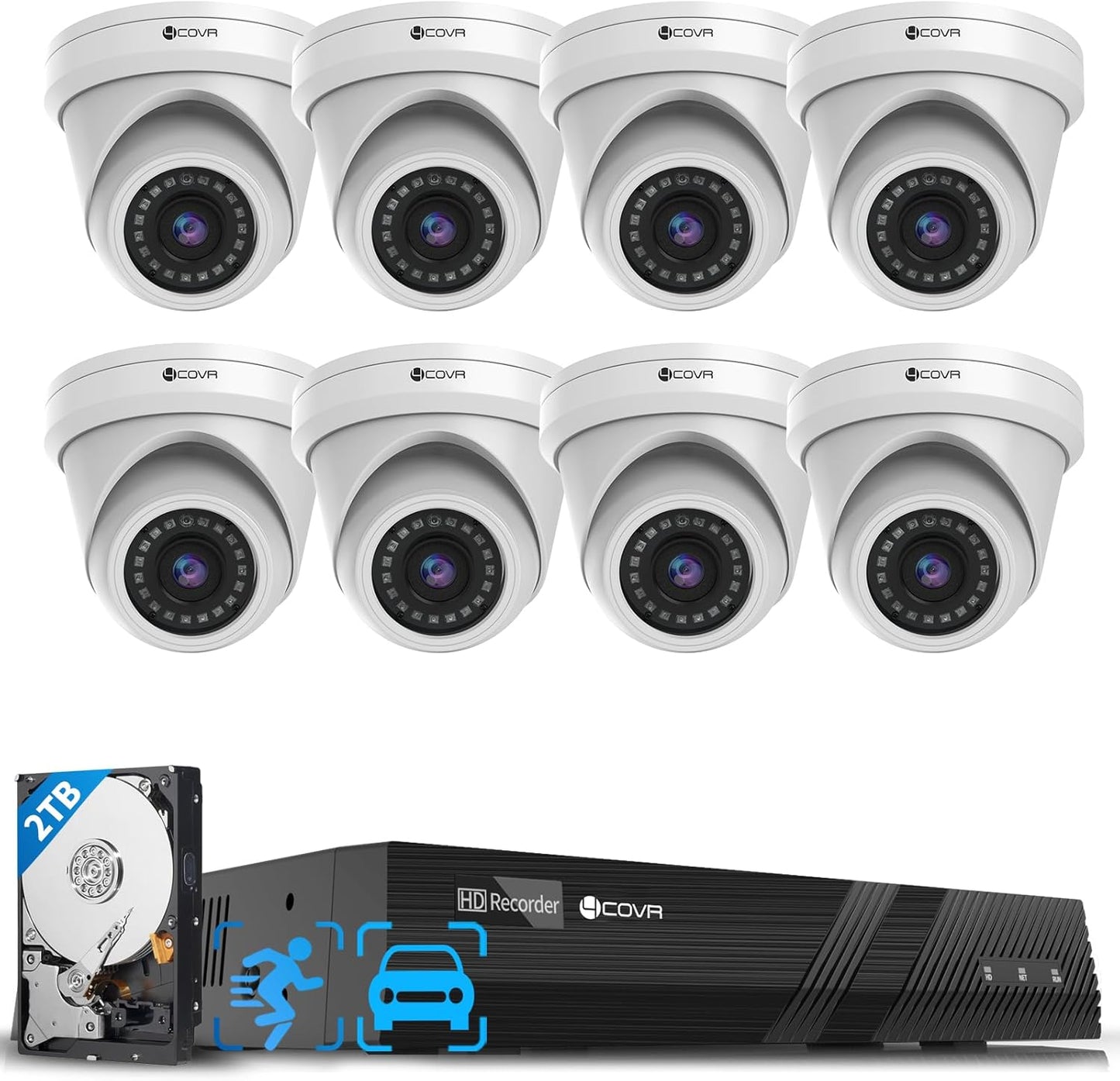 4COVR 4K PoE Security Camera System, 4K 8 Channel H.265 NVR with 2TB HDD, AI Human Vehicle Detection & Night Vision, 8X 8MP Commercial IP67 Dome IP Camera Built-in Mic, 24/7 Recording, LY97AX8M0808