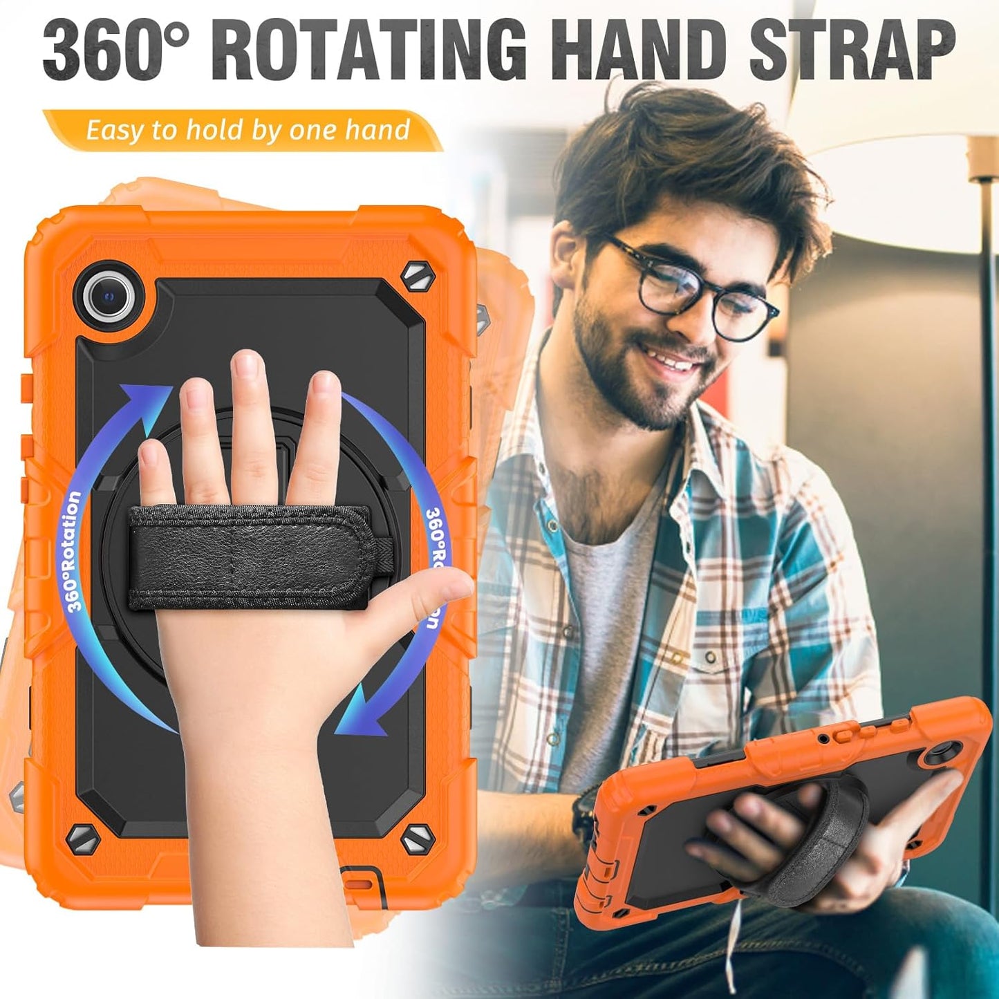 HXCASEAC Case for Samsung Galaxy Tab A9 8.7 Inch, Protective with Screen Protector/Hand Strap/Pen Holder, Sturdy Shockproof for Samsung A9 Tablet Case SM-X110 SM-X115 SM-X117 - Orange
