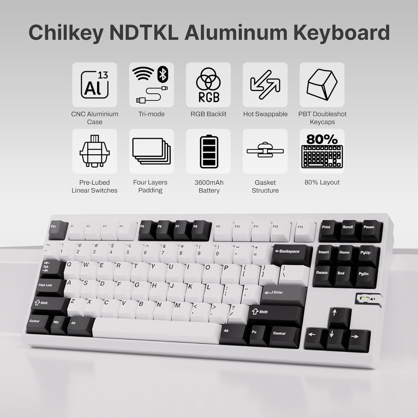 Chilkey ND TKL Aluminum Mechanical Keyboard, 87 Keys Tenkeyless Wireless Gaming Keyboard, Tri-Mode BT5.3/2.4GHz/USB-C PBT Keycaps Hot Swappable Custom Key Board for Windows Laptop Office PC