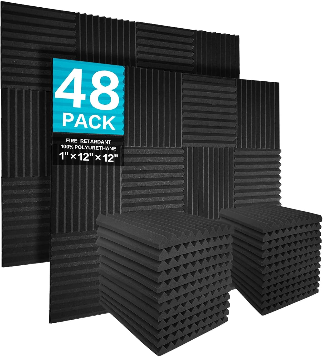 JBER 48 Pack Charcoal Acoustic Panels Studio Foam Wedges Fireproof Soundproof Padding Wall Panels 2.5 X 30 X 30cm/1" X 12" X 12"