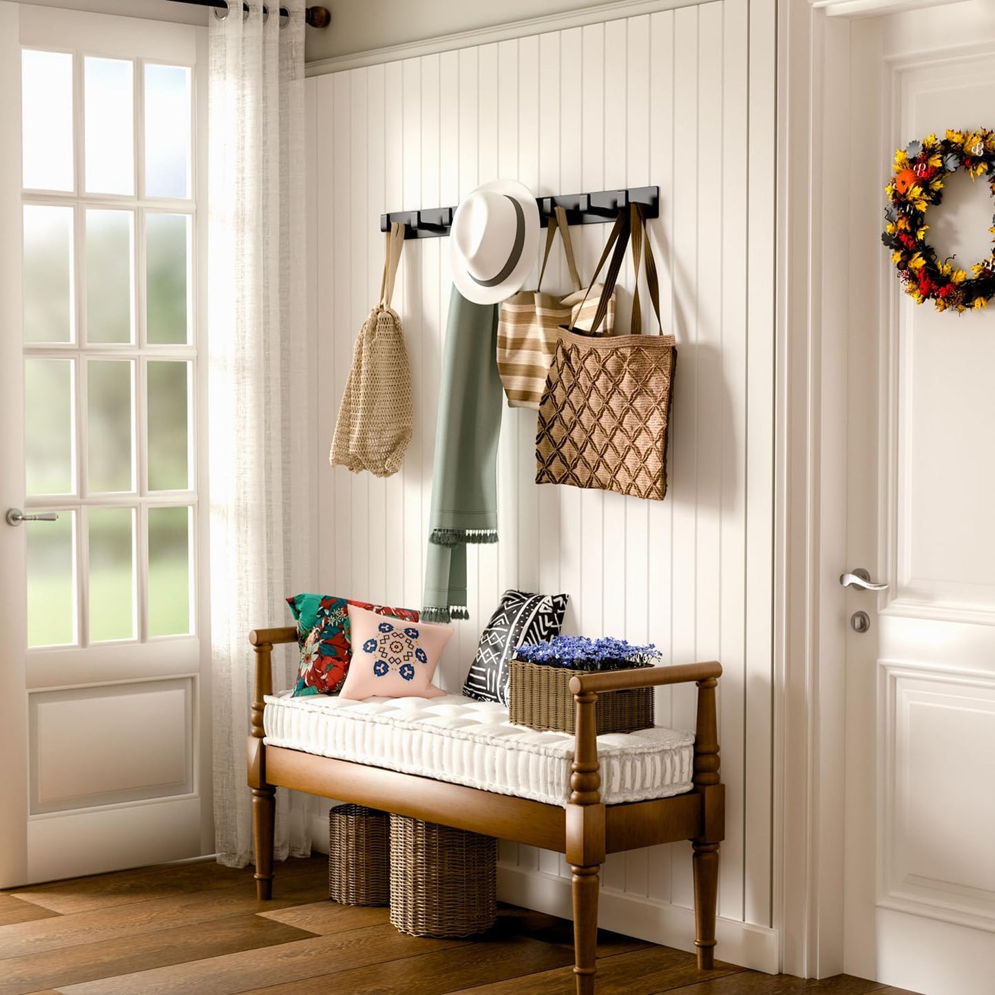 Black Wall Mounted Coat Rack- 2 Modular Rails (25'' Total), 8 Right-Angle Hooks, Modern Organizer for Entryway, Bathroom, Bedroom, Holds Coats, Towels, Hats