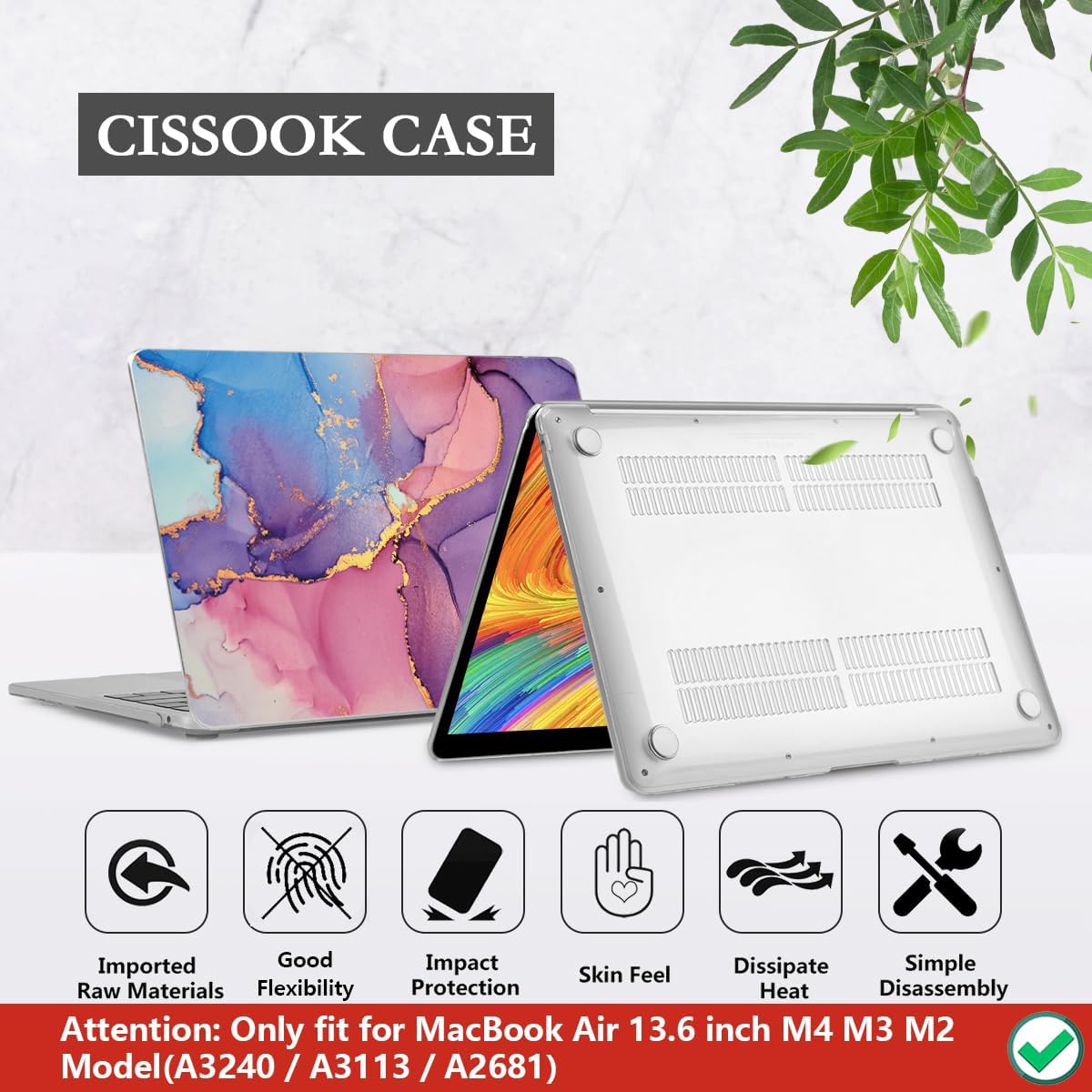 CISSOOK Compatible with MacBook Air 13.6 inch Case 2025 2024 2022 Release M4 M3 M2 Chip, Marble Plastic Hard Shell Case Keyboard Cover for MacBook Air 13.6 inch A3240 A3113 A2681, Purple Marble
