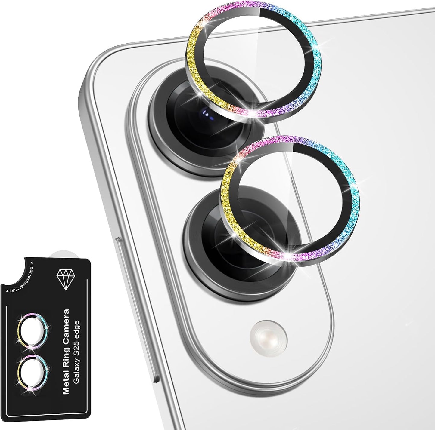 for Samsung Galaxy S25 Edge Camera Lens Protector, Individual Metal Ring Tempered Glass Lens Cover, [Strong Adsorption] Scratch Resistant Ultra-Thin HD Clear Lens Cover, 1 Set-Colorful Sparkly