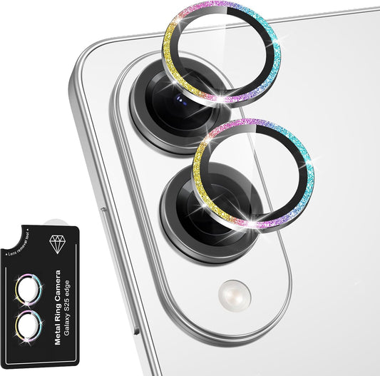 for Samsung Galaxy S25 Edge Camera Lens Protector, Individual Metal Ring Tempered Glass Lens Cover, [Strong Adsorption] Scratch Resistant Ultra-Thin HD Clear Lens Cover, 1 Set-Colorful Sparkly