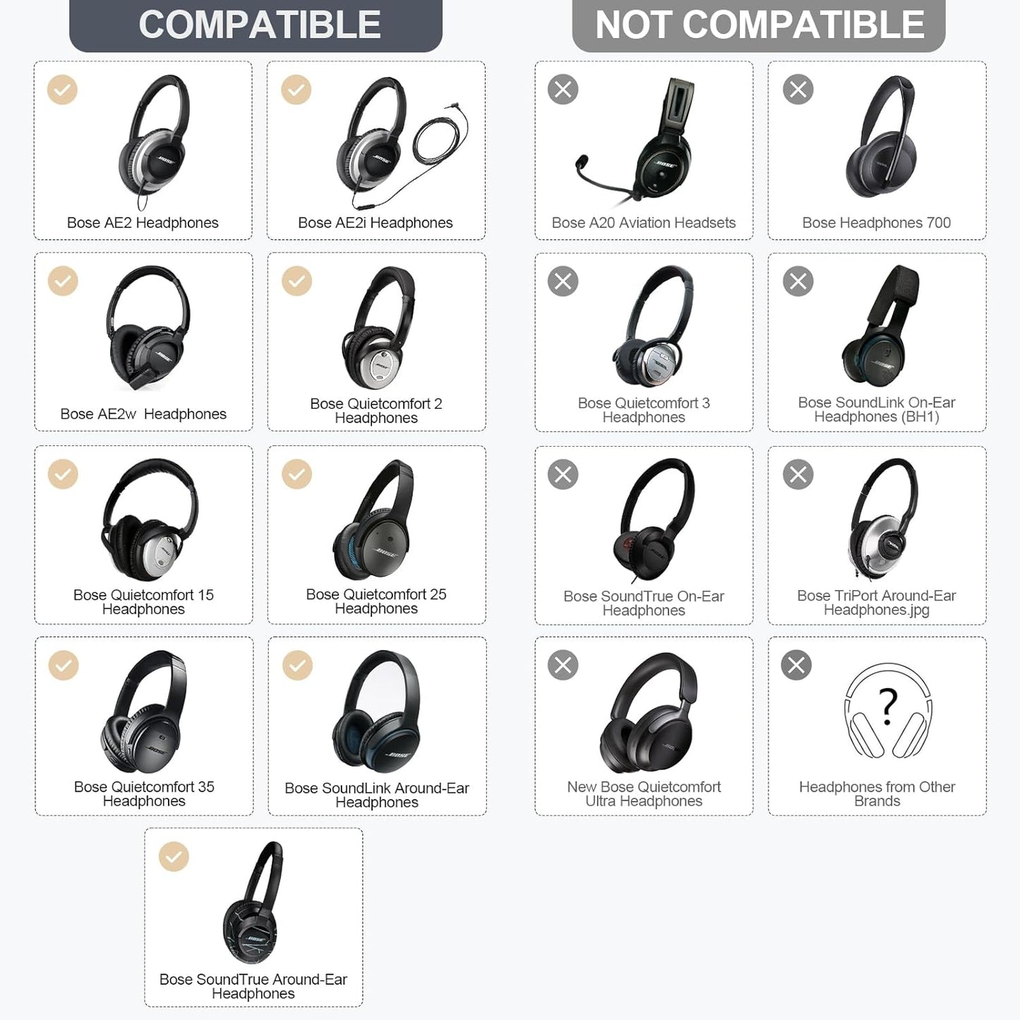 Aurivor Replacement Ear Pads Cushions for Bose QuietComfort QC 35 (ii) 25 15 2 Headphones, Upgraded Earpads for QC35 (ii) QC25 QC15 QC2 SoundTrue/SoundLink AE2/AE2i/AE2w Around-Ear Headphones (Silver)