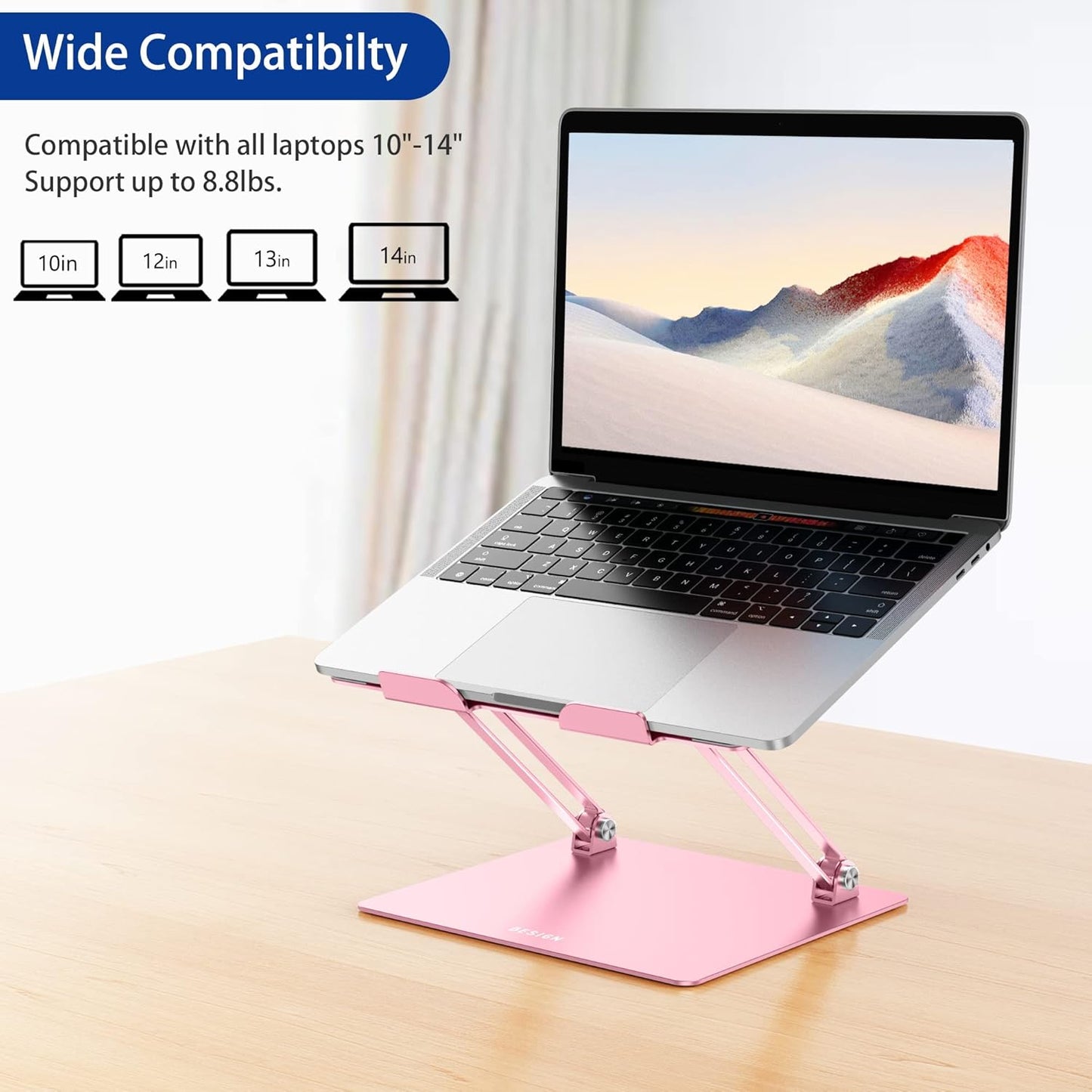 BESIGN LS10 Aluminum Laptop Stand, Ergonomic Adjustable Notebook Stand, Computer Holder Compatible with Air, Pro, Dell, HP, Lenovo More 10-14" Laptops, Pink