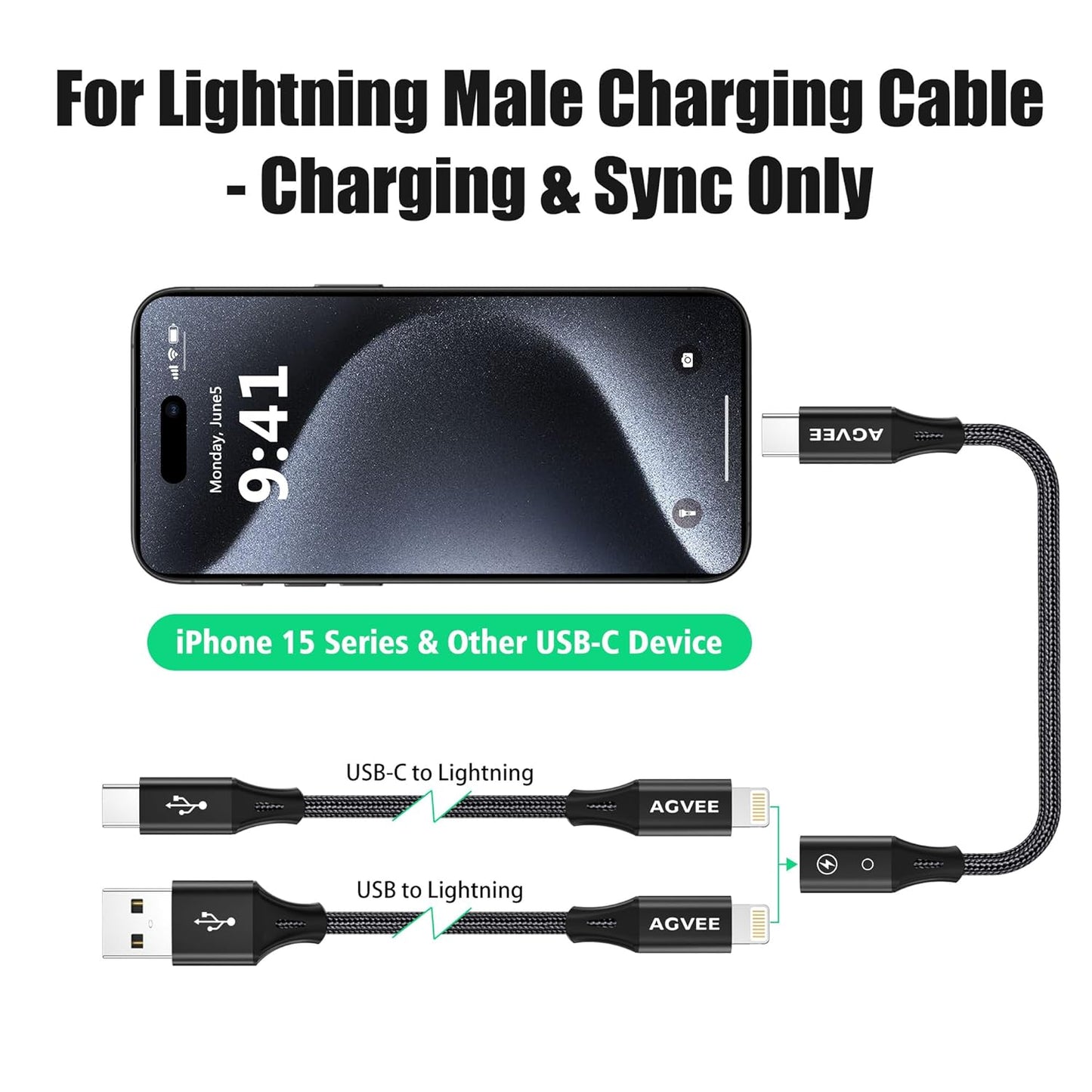 AGVEE 2 Pack 4 inch Lightning Female to USB C Male PD Adapter, 27W Fast Charger Charging Comverter for iPhone 15 16 Plus Pro Max Carplay, Samsung S25 S24 S23 S22, Not for Audio, Black
