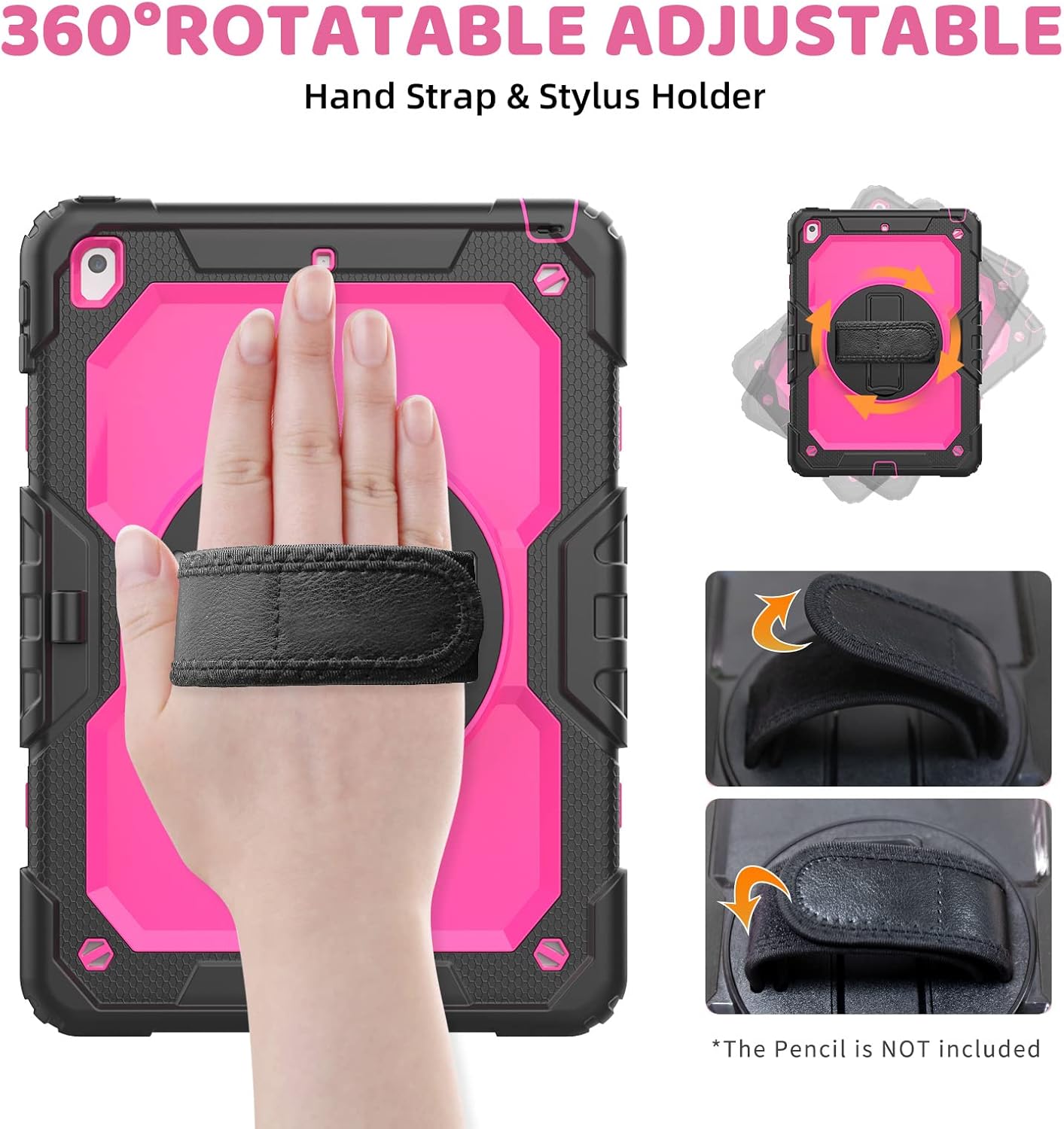 BLOSOMEET Case for iPad 9th Generation 2021 10.2 Inch with Tempered Glass Screen Protector & Pencil Holder,Protective Kids iPad 7th/8th Gen Cover 2020 2019 w/Stand Hand Shoulder Strap,Rosered