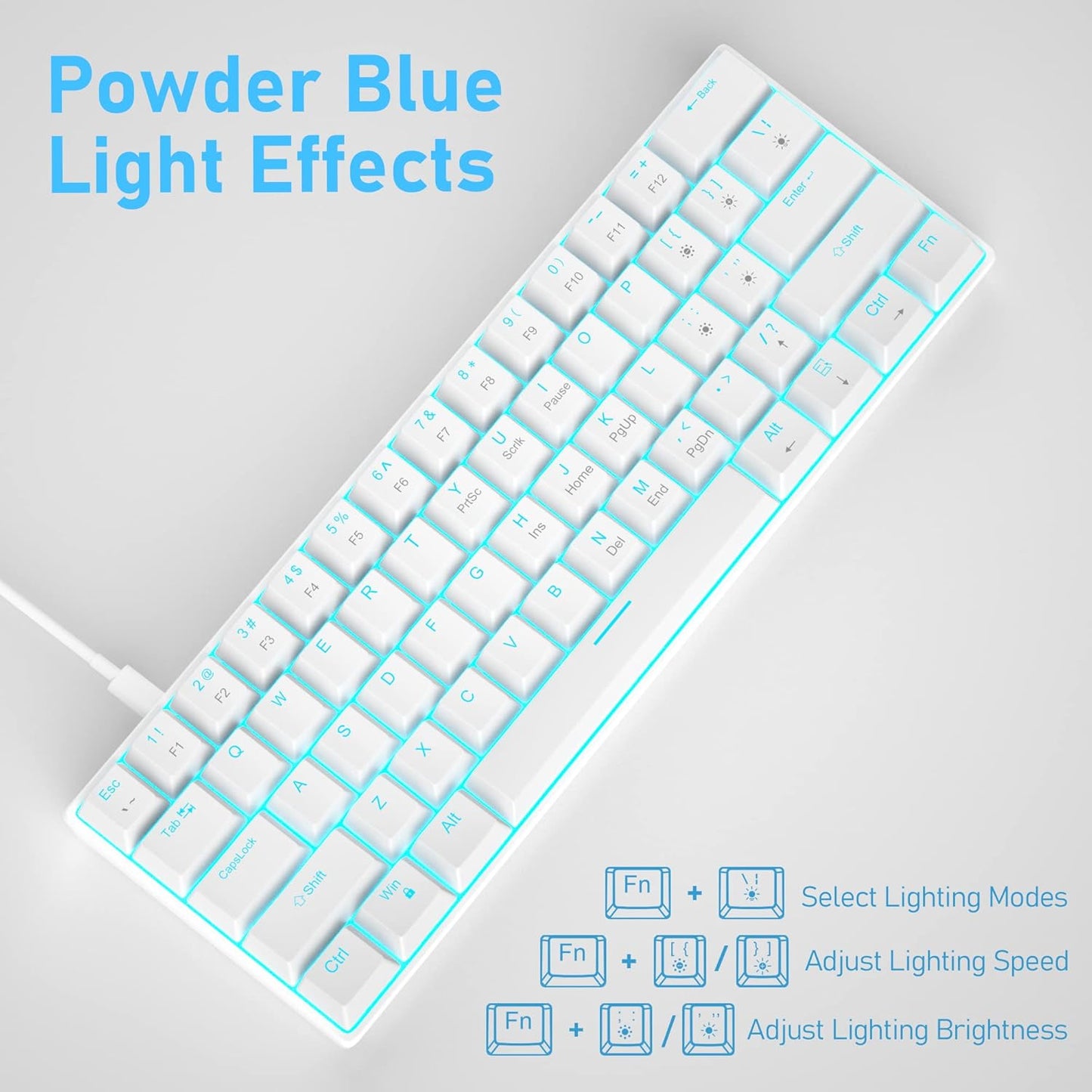 60% Mechanical Gaming Keyboard, White Gaming Keyboard with Red Switches, Detachable Type-C Cable Mini Keyboard with Blue LED Light for/PC/Laptop
