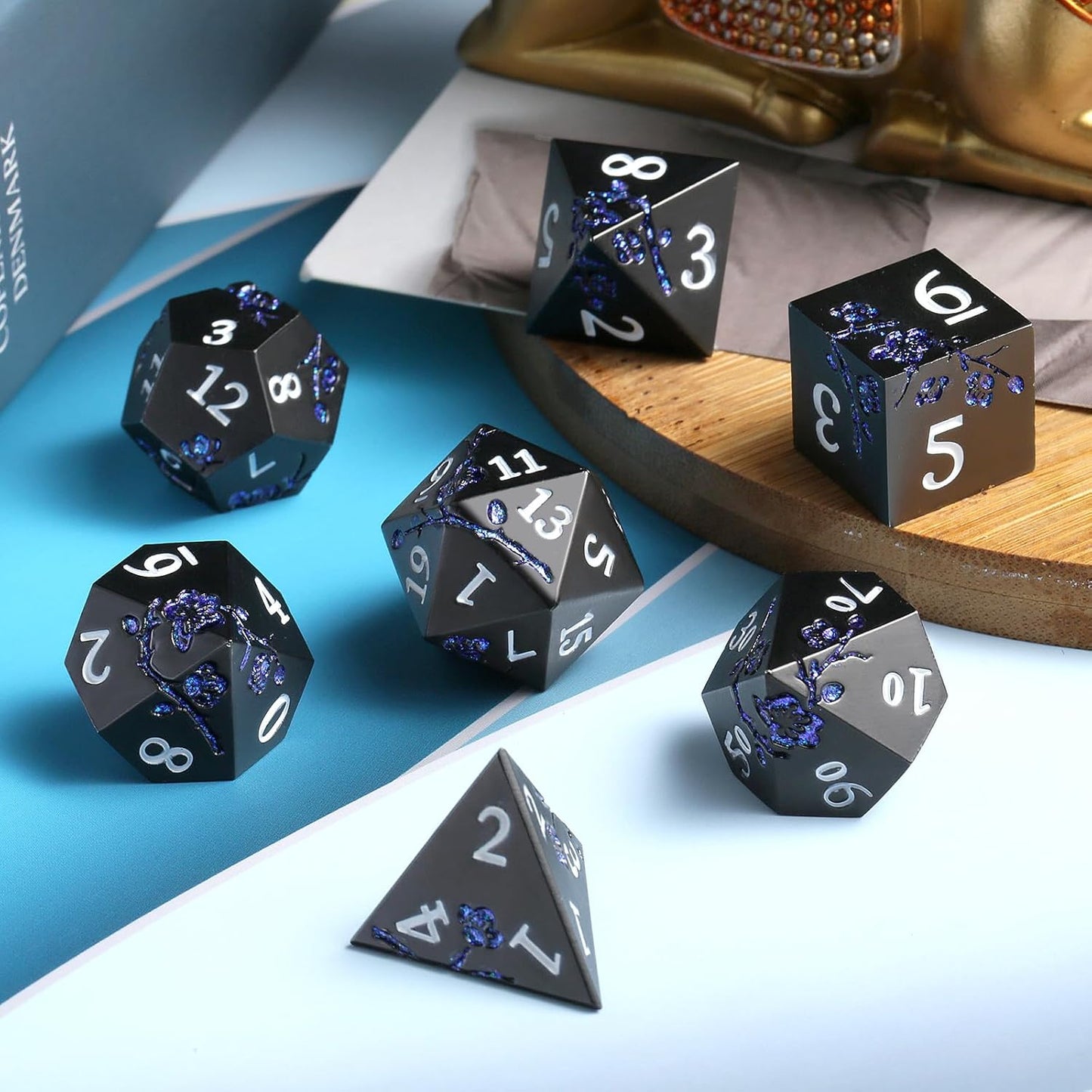 Glitter Blue D&D Metal Dice, DNDND 7 PCS Flower Metallic DND Dice Set with Gorgeous Gift Case for Dungeons and Dragon Tabletop Game (Matte Black with Glitter Blue Flower)