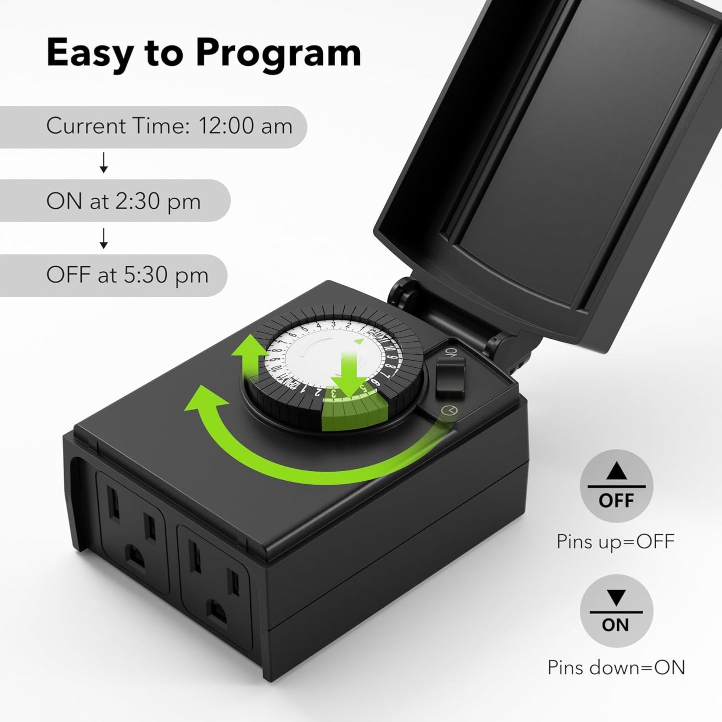 BN-LINK 24 Hour Heavy Duty Mechanical Timer, Outdoor Timer Outlet Waterproof with 30 Minutes Intervals, 2 Grounded Outlets for Christmas Lights Pool Pump,15A 1/2HP, ETL Listed