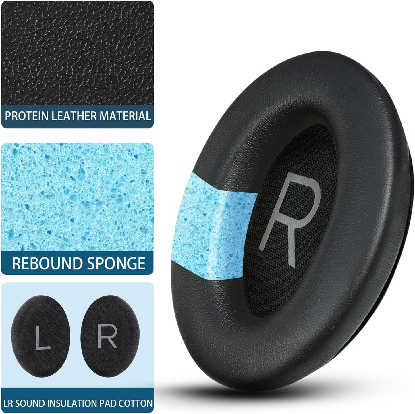 Headphones Replacement Ear Pads, Protein Leather earpad Cushions for Bose QuietComfort 45（QC45） Headphones, Softer Memory Foam - Black