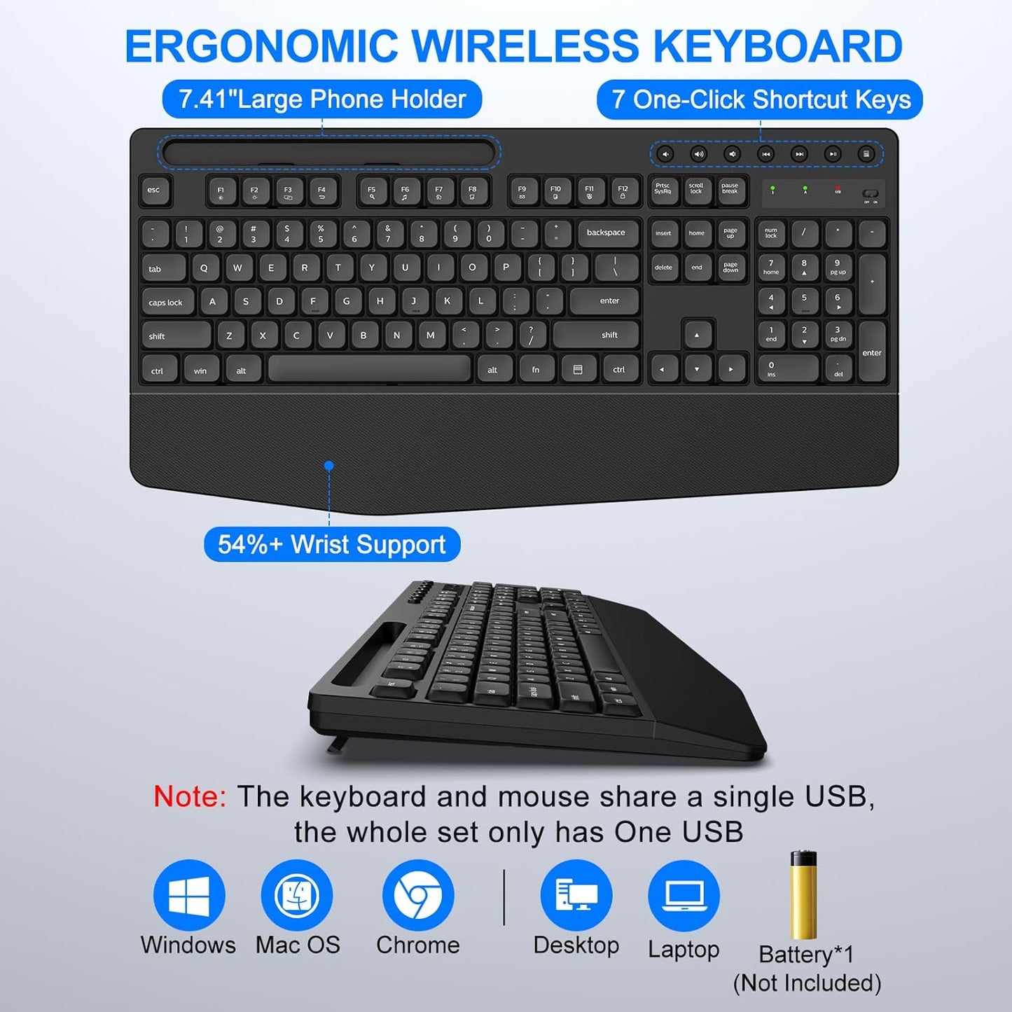 EDJO Wireless Keyboard and Mouse Combo, Full-Size Ergonomic Wireless Computer Keyboard with Wrist Rest, Phone Holder, Sleep Mode, Comfortable Natural Typing Set for Windows, Laptop, Mac, PC