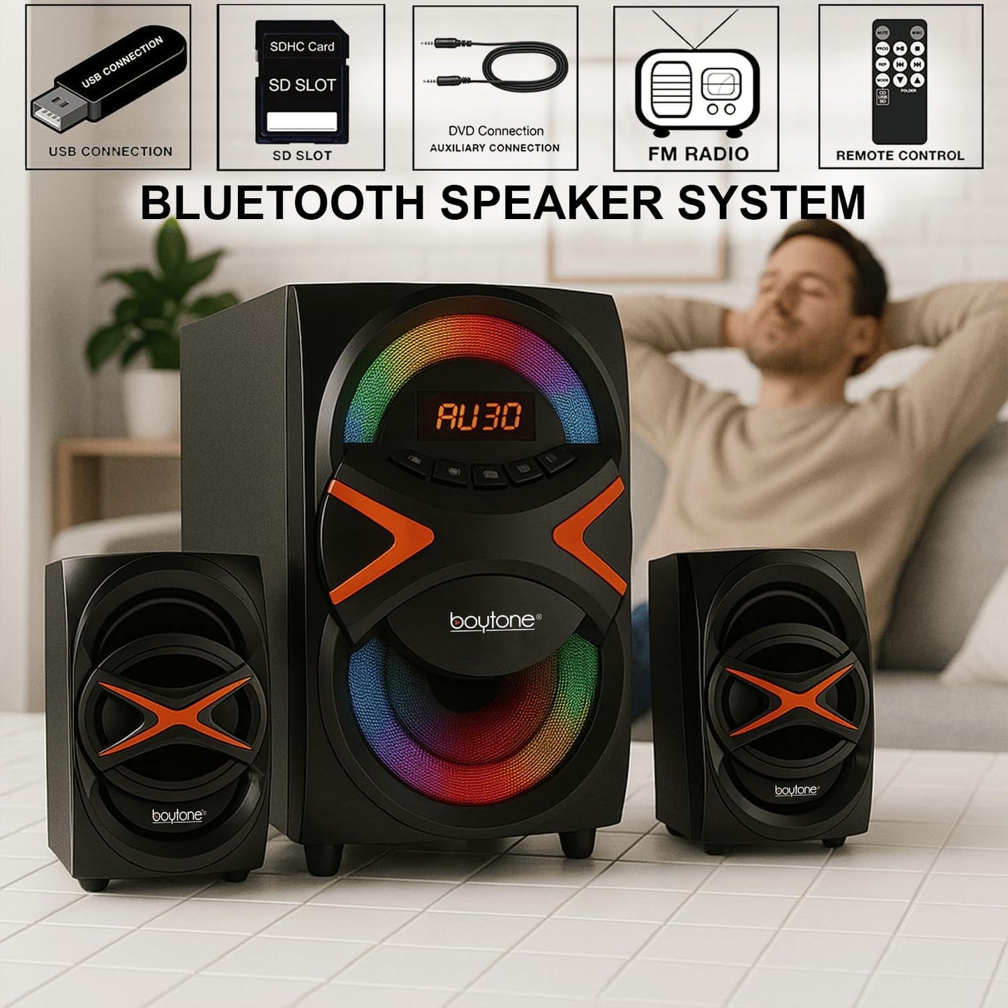Boytone BT-326F, 2.1 Bluetooth Powerful Home Theater Speaker System, with FM Radio, SD USB Ports, Digital Playback, 40 Watts, Disco Lights, Full Function Remote Control, for Smartphone, Tablet., Black