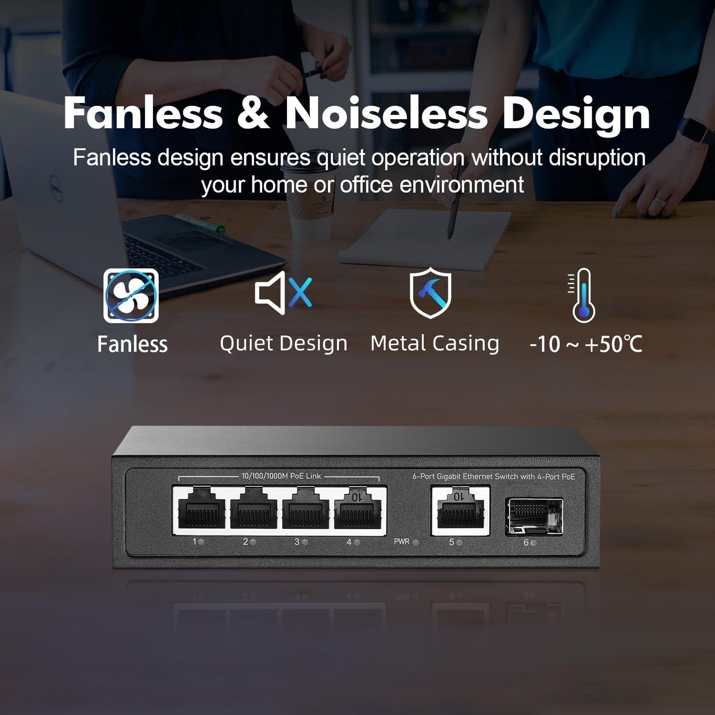 YuLinca 6 Port Mini Gigabit PoE Switch with 4 PoE+ Port, 1 Gigaibt RJ45 Uplink, 1 Gigabit SFP, IEEE802.3af/at, Max 65W, Metal Fanless Plug & Play Ethernet Switch