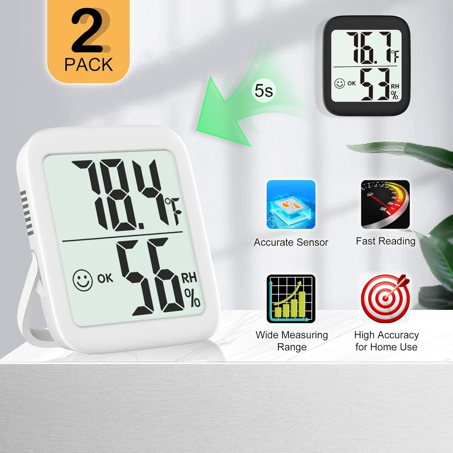 Antonki 2 Pack Room Thermometer for Home, Indoor Hygrometer Humidity Meter Gauge, Digital Temperature and Humidity Sensor Monitor for House, Terrarium, Incubator, Greenhouse - Battery Included