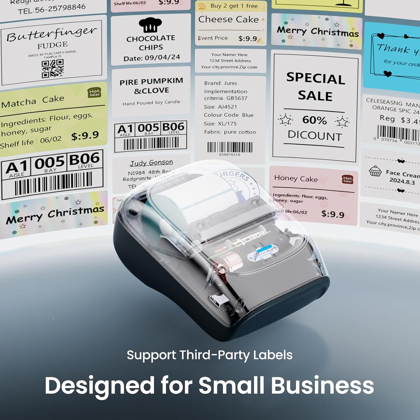 CLABEL Thermal Label Maker Machine: 221B Bluetooth Label Maker Machine with Tape Mini Sticker Printer Barcode Printer Compatible with Smartphone with 1 Roll 40x30mm Label (Blue)