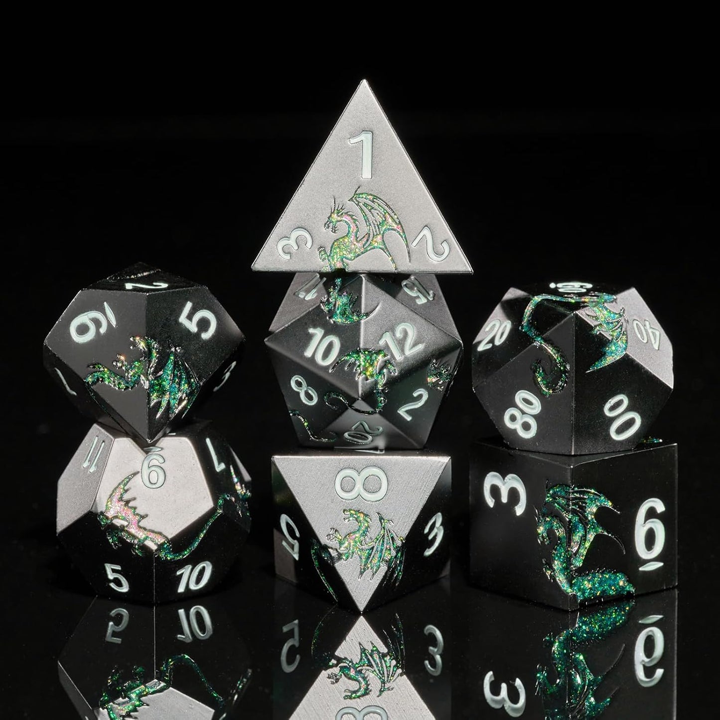 D&D Dice Set Metal Dragon Polyhedral DND Dice Set with Dragon Gift Box for Game Dice Dungeons and Dragons TTRPG(Black with Glitter Green Dragon)