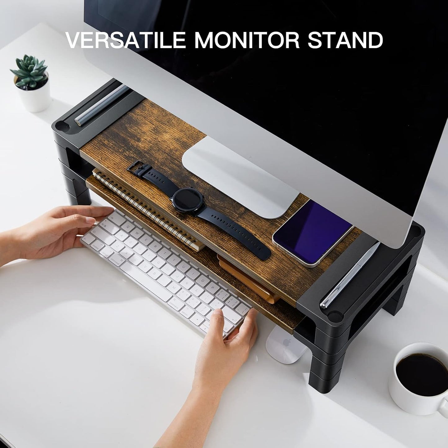 HUANUO Monitor Stand Computer Riser, Monitor Stand for Desk with Adjustable Height and 2 Platforms, Ergonomic Computer Riser, Monitor Riser for Laptops and Monitors, HNMS04V