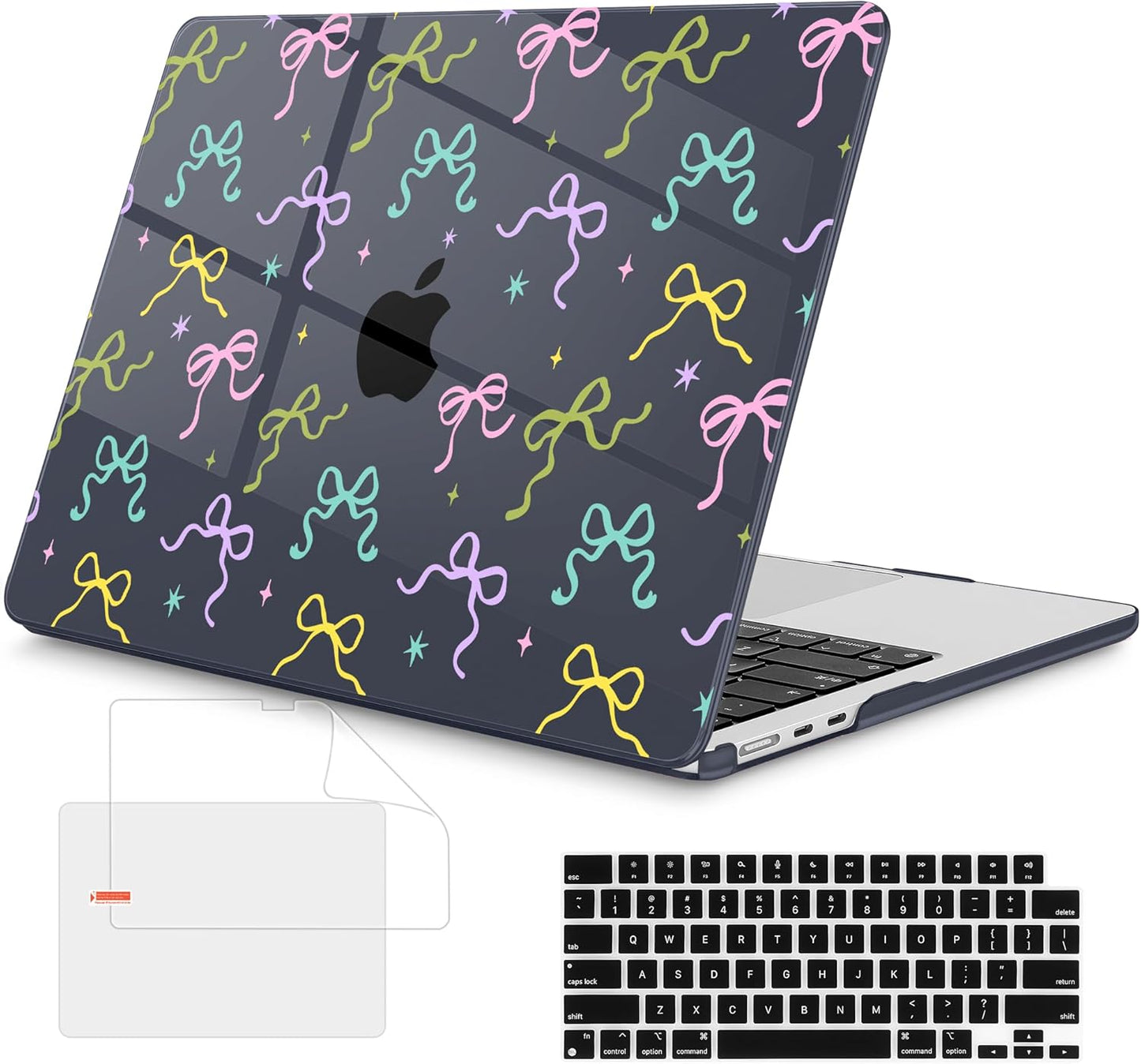Mektron Compatible with M4 MacBook Air 15 inch Case 2025 A3241 2024 2023 M3 A3114 A2941 M2 Liquid Retina Display Touch ID, Plastic Hard Case & Keyboard Skin & Screen Protector - Black Colorful Bows